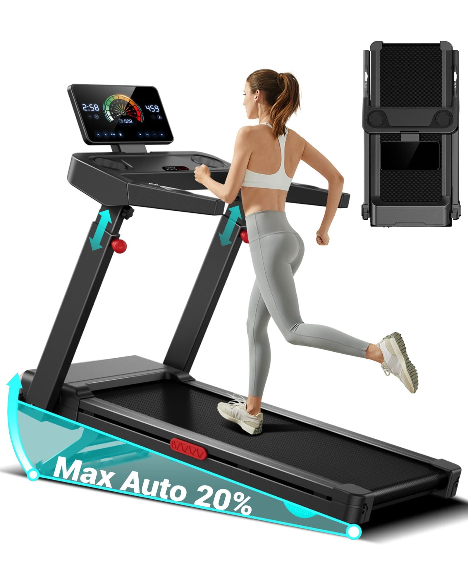 UMAY Tapis de Course avec Inclinaison Automatique de 20%, 14KM/H Tapis Roulant Pliable avec Console Réglable sur 4 Niveaux, 3,5CV Treadmill Home avec Affichage LED, Silencieux, Charge Max 180KG