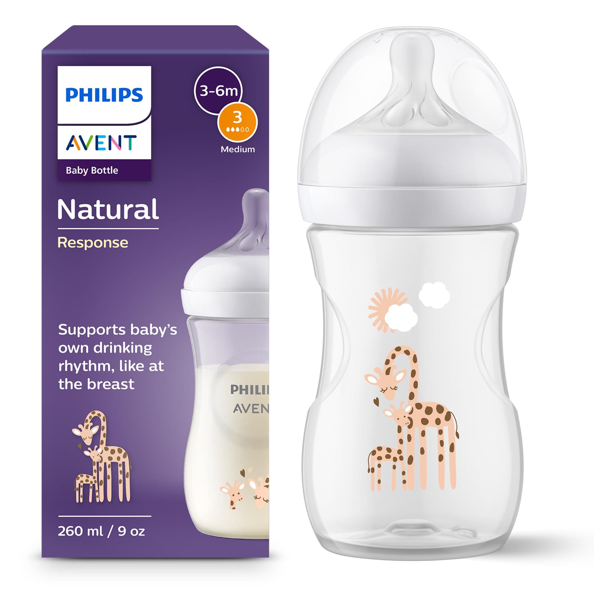 Philips Avent Biberón Natural Response: biberón de 260 ml sin BPA para bebés a partir de 1 mes, estampado Jirafa (modelo SCY903/66)