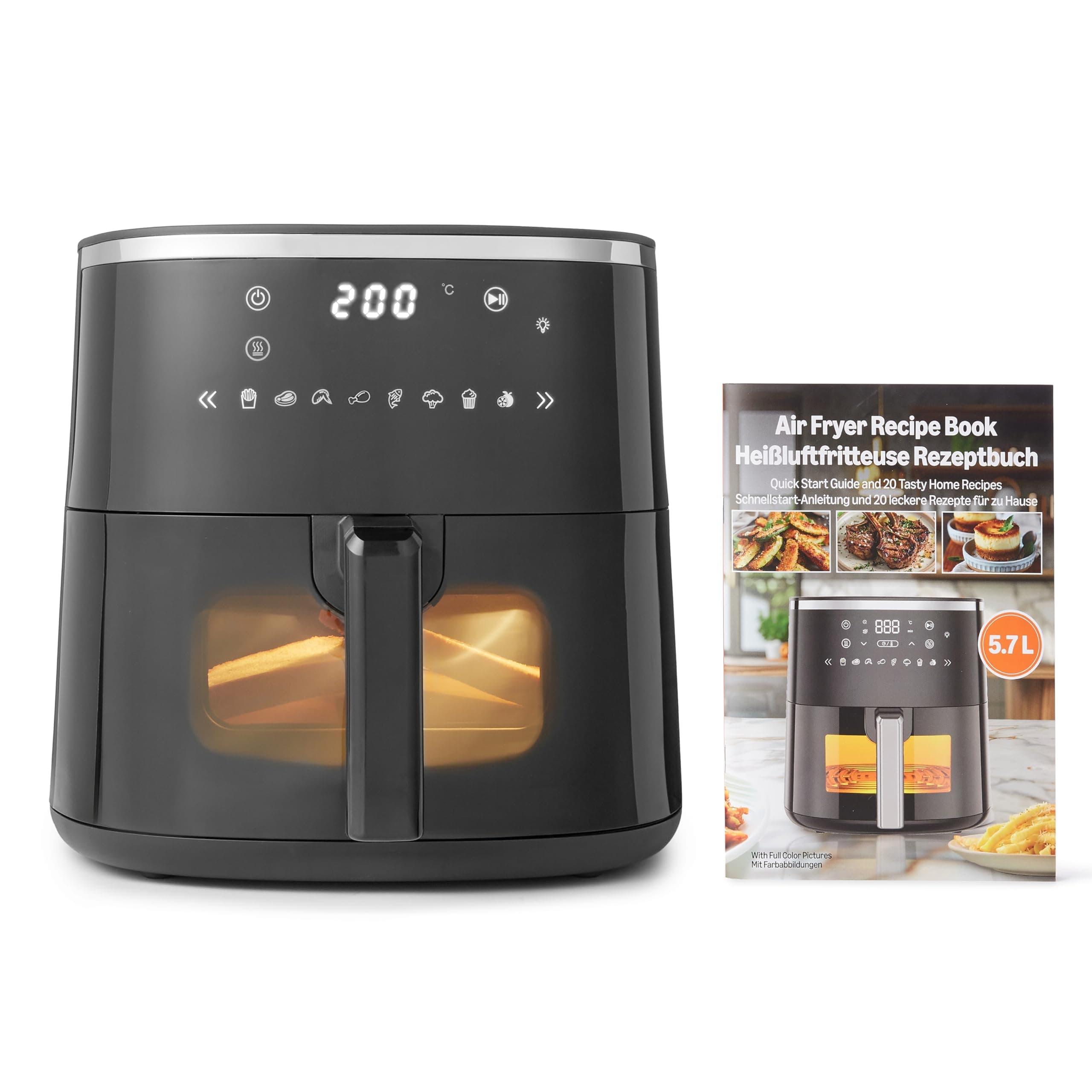 Amazon Basics Friteuse à Air de 5,7L avec Fenêtre de Cuisson Pratique, 8 Programmes, 1 750W, Noire