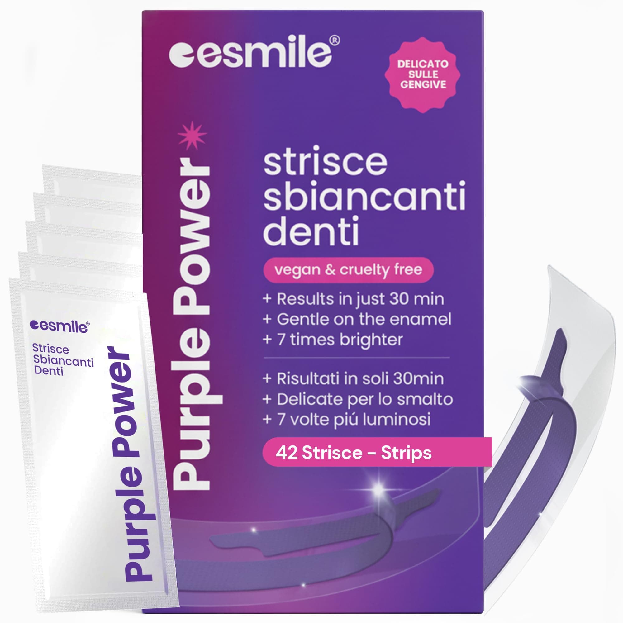 esmile Strisce Sbiancanti Denti Viola 42 unità per 21 Trattamenti – Correzione Colore, Formula PAP Senza Perossido – Denti Sensibili
