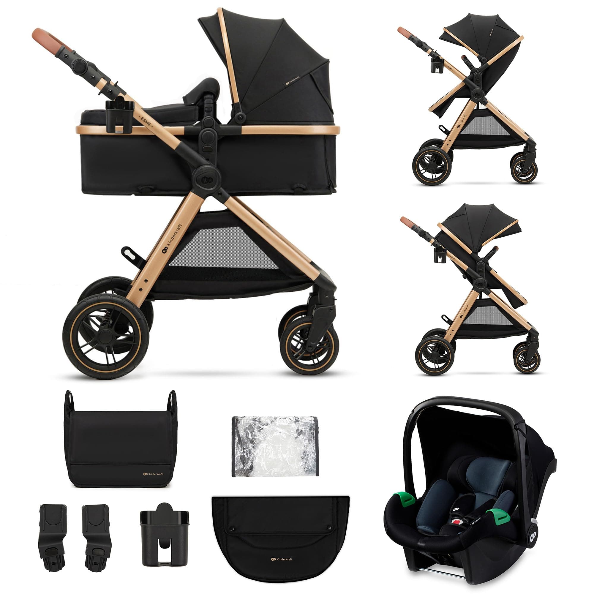 Kinderkraft ESME Trio passeggino neonati 3 in 1 fino 26 kg, con Ovetto I-SIZE 40-75 cm, Carrozzina reversibile fronte mamma e strada, Pieghevole, Nero