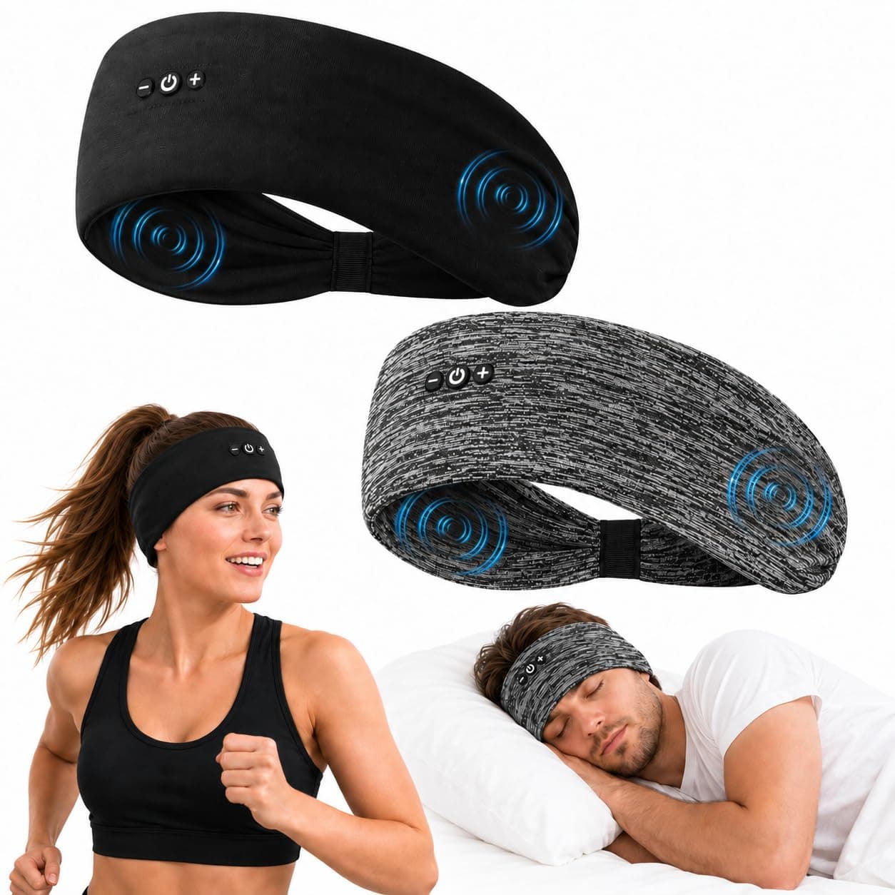 ZRUHIG Pack de 2 Auriculares para Dormir, Gris Oscuro & Negro | Diadema Deportiva para Dormir, Altavoces Incorporados, Bluetooth, Para Deportes, Correr, Viajar