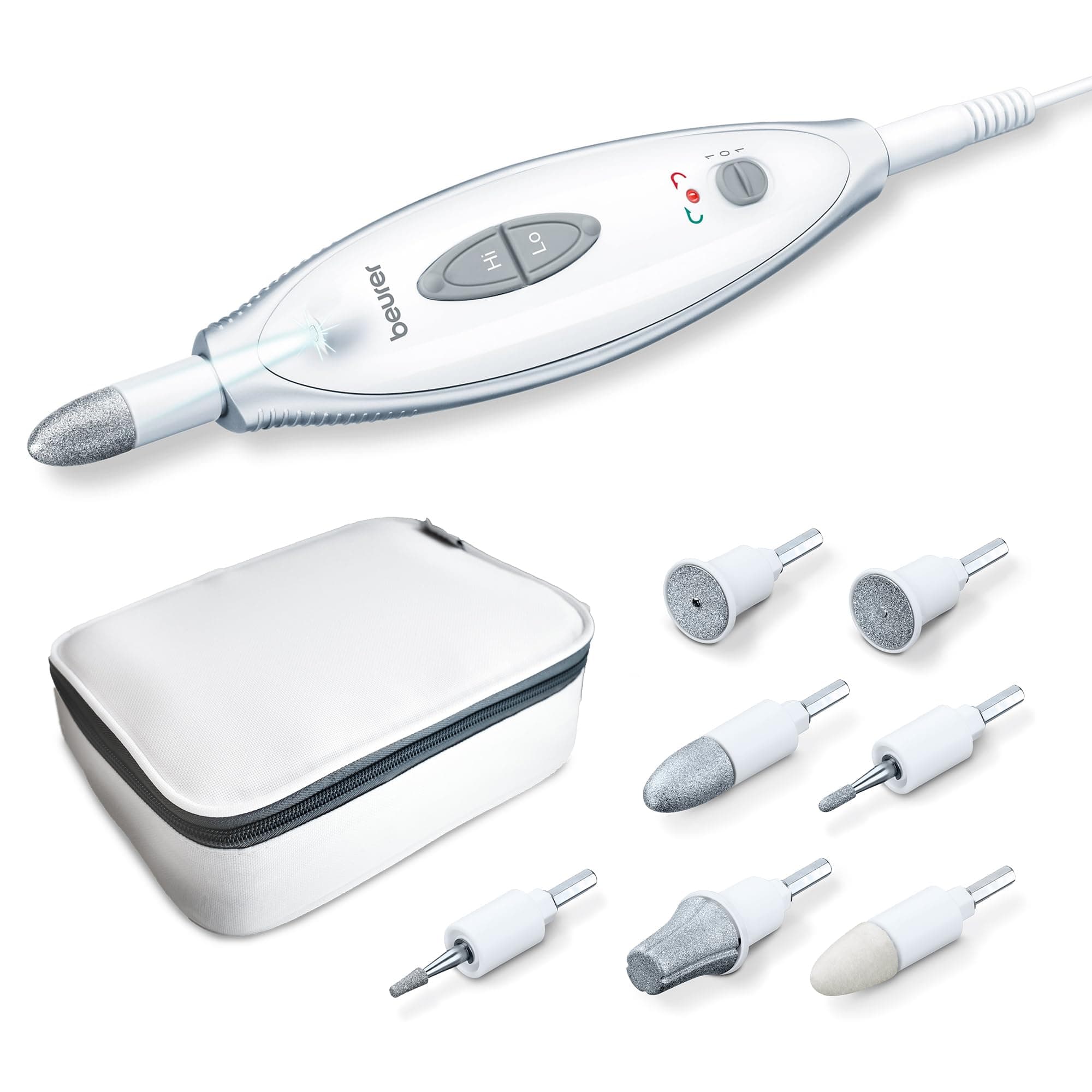 Beurer MP 41 Ponceuse pour ongles électrique, pour manucure/pédicure professionnelle à domicile, 7 accessoires pour les mains et les pieds, avec lumière LED et pochette de rangement