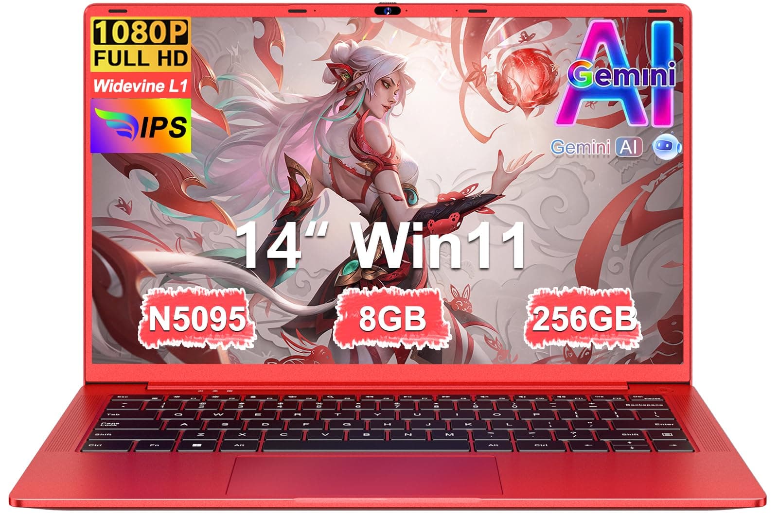 Ordenador Portátil 14 Pulgadas Celeron N5095 Upto 2,9 GHz Portatiles 8GB RAM 256GB SSD TF 1TB LPDDR4 Win11 5G WiFi 1920*1080 FHD mini HDMl Laptop Película Protectora Español - Rojo Cuerpo Metálico59