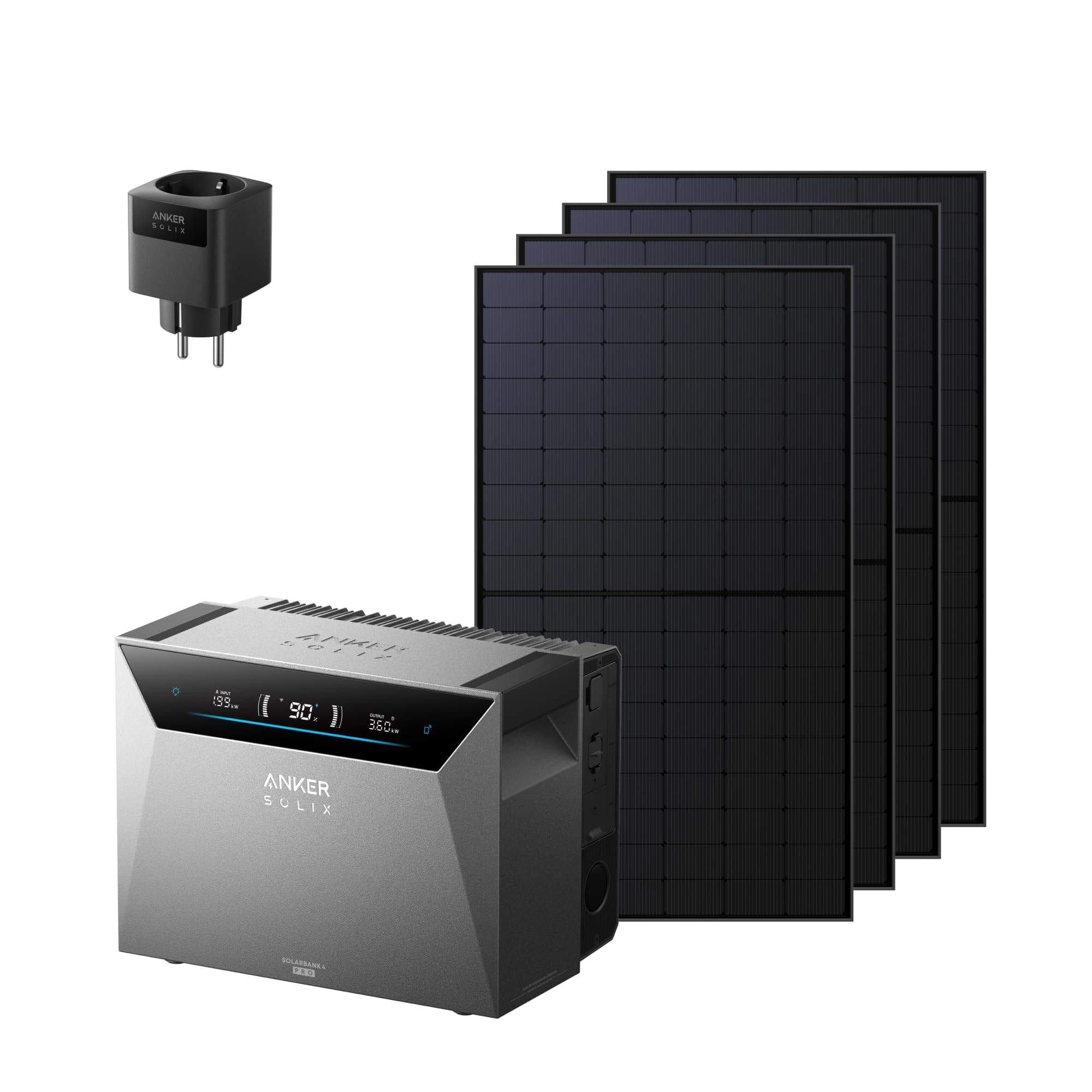 Anker SOLIX Solarbank 4 Pro + 4× 500W Solarpanels + Smart Plug Gen 2 | 4 MPPTs, 5000W Solareingang, bis zu 30kWh Kapazität, 2500W bidirektionales Laden, 10.000 Ladezyklen