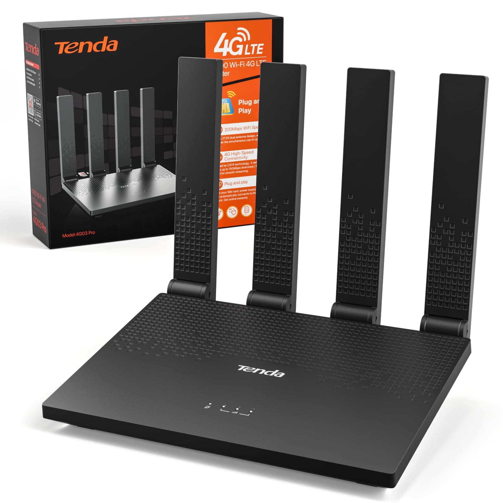 Tenda Router 4G con Tarjeta SIM Módem LTE Cat4 Wi-Fi N300 4G03 Pro V2.0 | 4 Antenas Plegables, USB-C, LAN/WAN, Plug&Play, 32 Dispositivos, Portátil para el Hogar, Casa Rural, Autocaravana y Camping