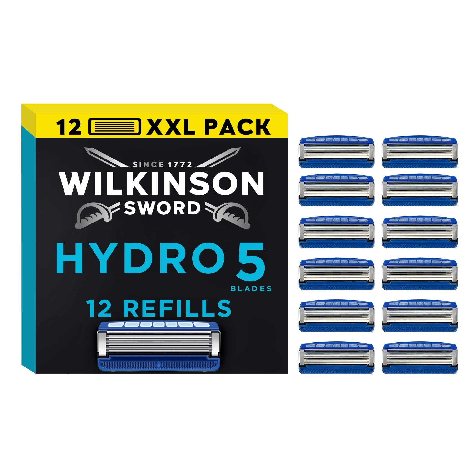 Wilkinson Sword Hydro 5 Lot de recharges de rasoirs pour hommes, idéal pour les trousses de toilette des hommes, parfait pour le rasage quotidien et les vacances, lot de 12 lames de rasoir de rechange