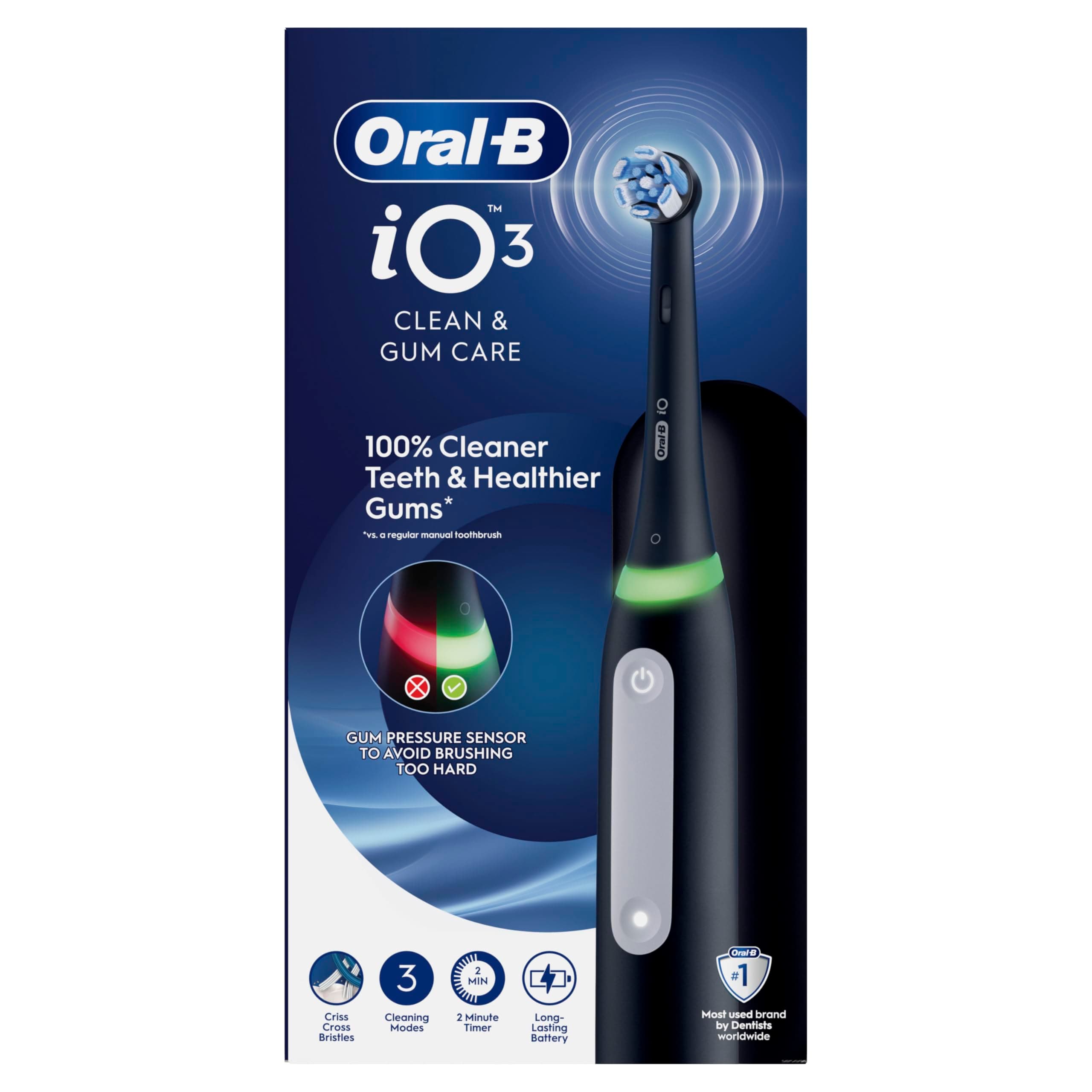 Oral-B Brosse à Dents Electrique iO 3 avec 1 Brossette de Rechange, Noire – 3 Modes de Brossage Silencieux dont Douceur et Blancheur, Capteur de Pression sur les Gencives, Batterie Rechargeable