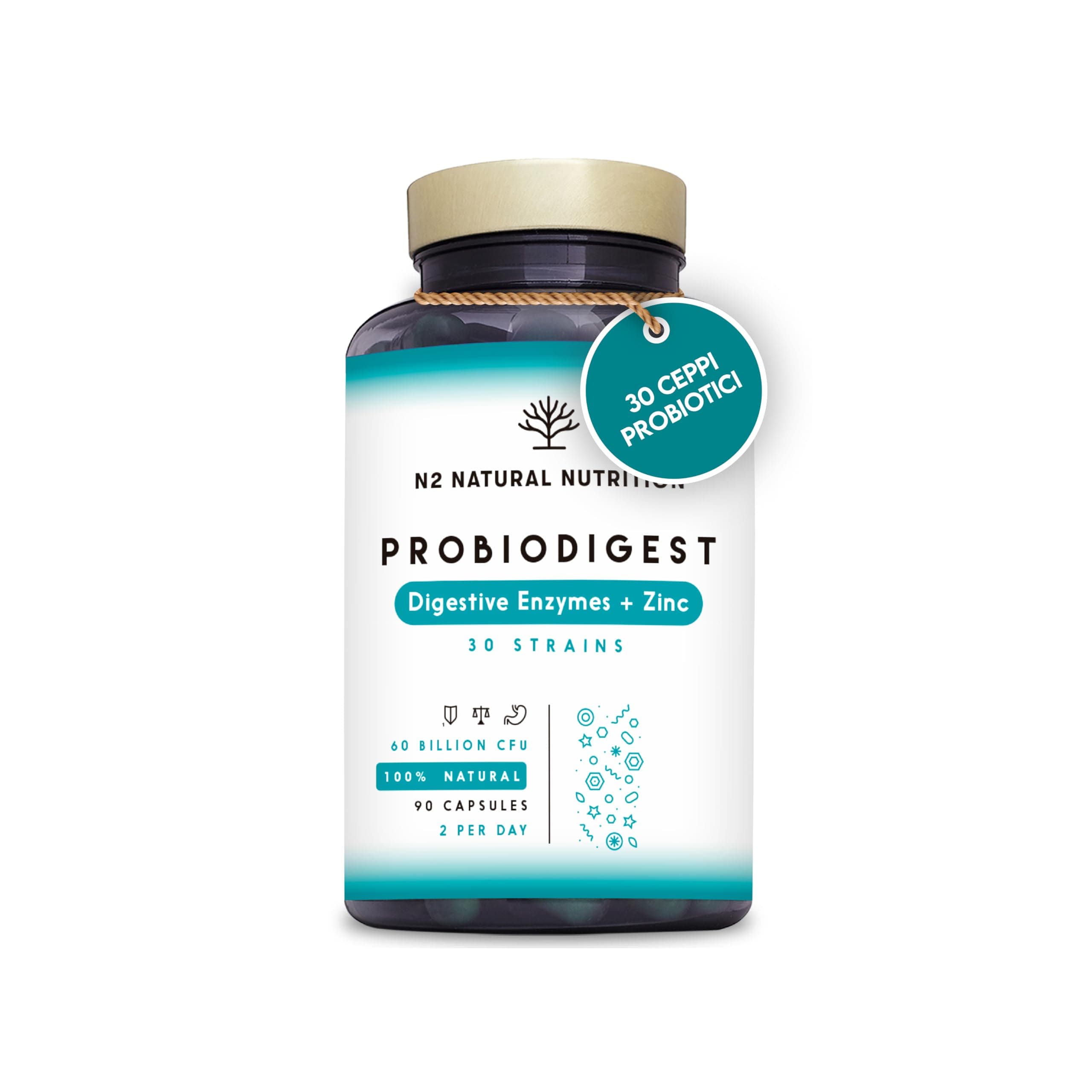 Probiodigest - Probiotici e Prebiotici con 30 Ceppi Batterici, Enzimi Digestivi e Zinco. Integratore Naturale in Capsule Vegetali. 90 Capsule. N2 Natural Nutrition