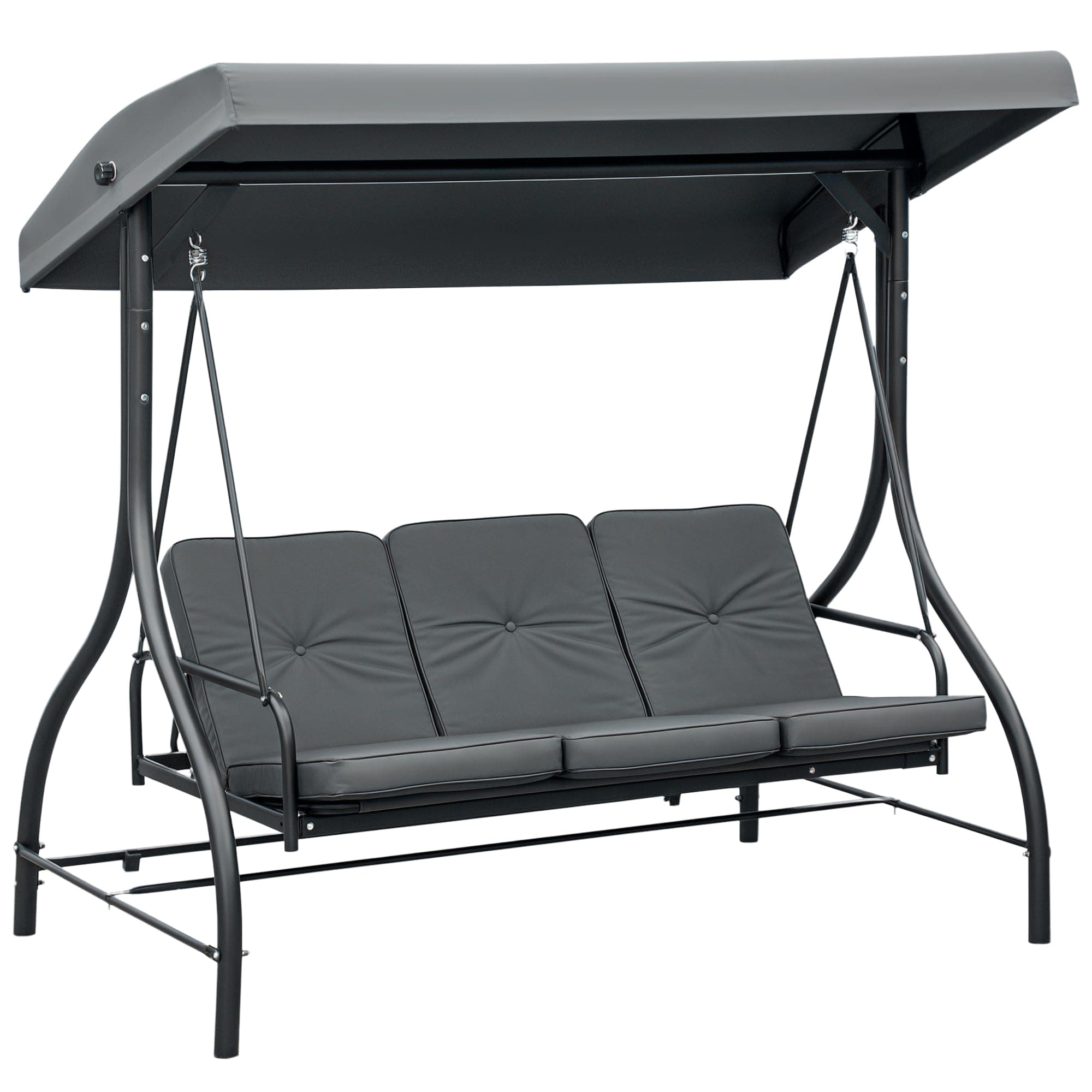Outsunny Balancelle de Jardin 3 Places Convertible Inclinaison Toit réglable Matelas Grand Confort Rembourrage 7 cm fourni Gris métal époxy Noir