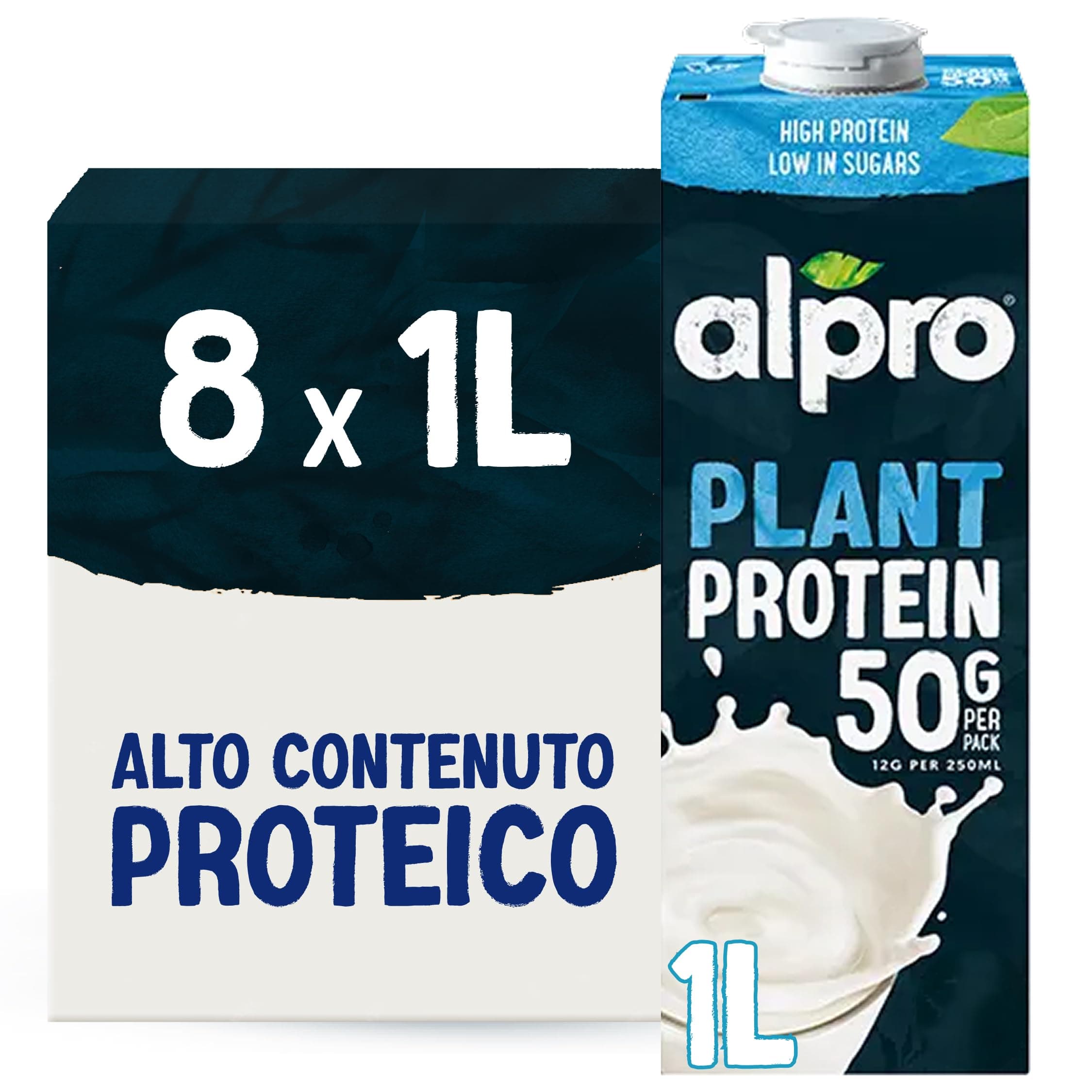 ALPRO PROTEIN 50g, Bevanda alla SOIA, Alternativa Vegetale al Latte, Naturalmente Senza Lattosio, con Vitamine B2, B12 e D - 8 confezioni x 1 Litro
