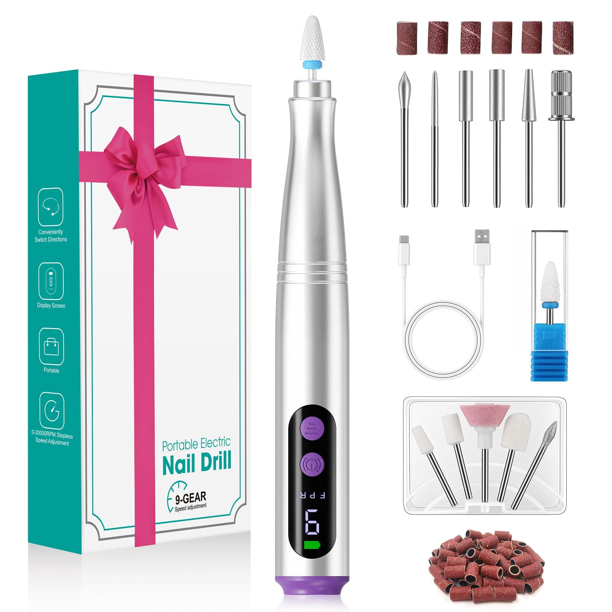 Ponceuse pour Ongles Professionnelle, 12 en 1 Lime Ongle Electrique sans Fil, 20000 tr/min 9 Vitesses Réglables , Machine Ongles avec LED Écran Numérique pour Manucure Pédicure