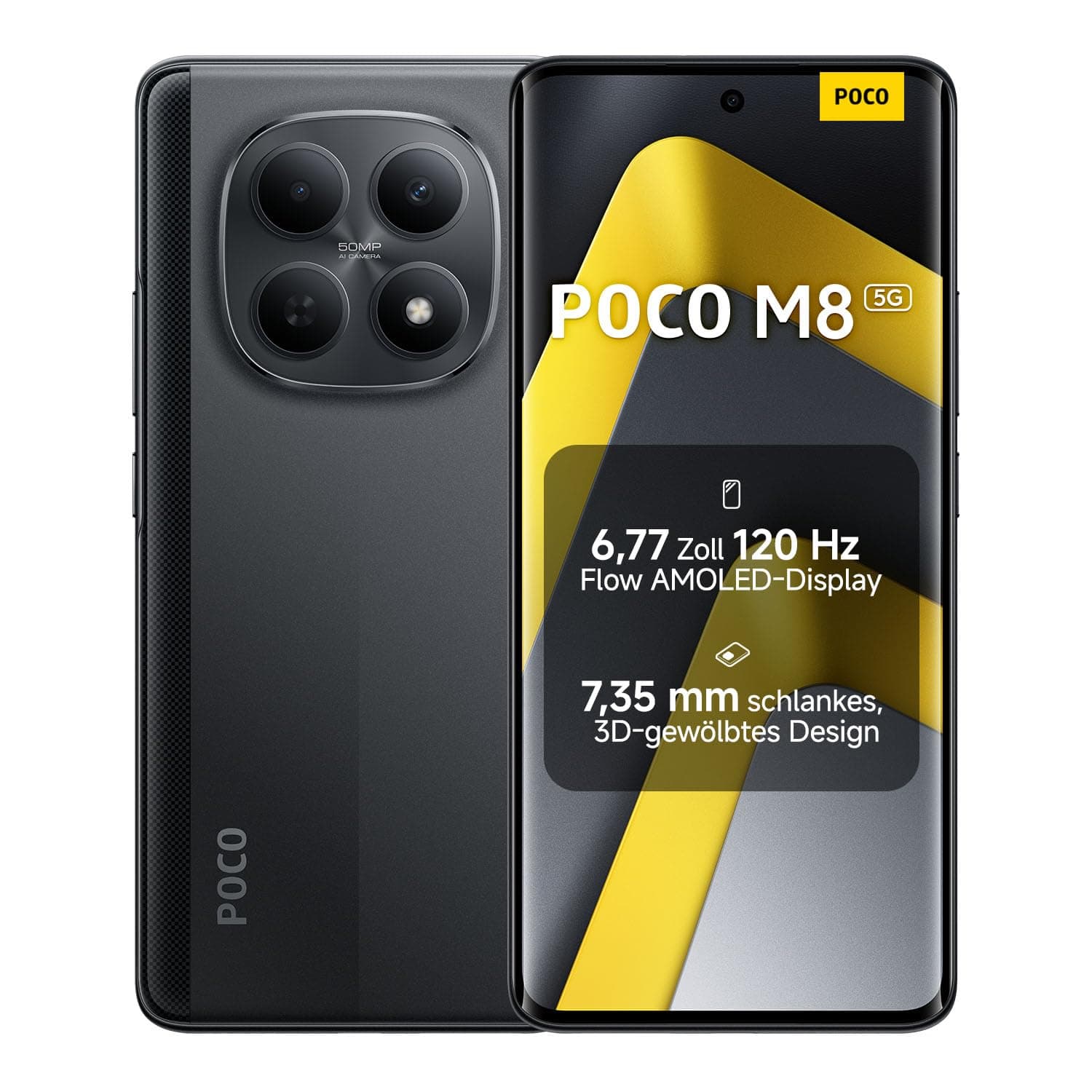 XIAOMI Poco M8 5G Smartphone, 8 GB RAM + 512 GB Speicher, Handy mit Android, 6,77" 120 Hz Flow AMOLED, 50 MP KI-Dual-Kamera, 7,35 mm 3D-Curved Design, Schwarz, 2 Jahre Garantie