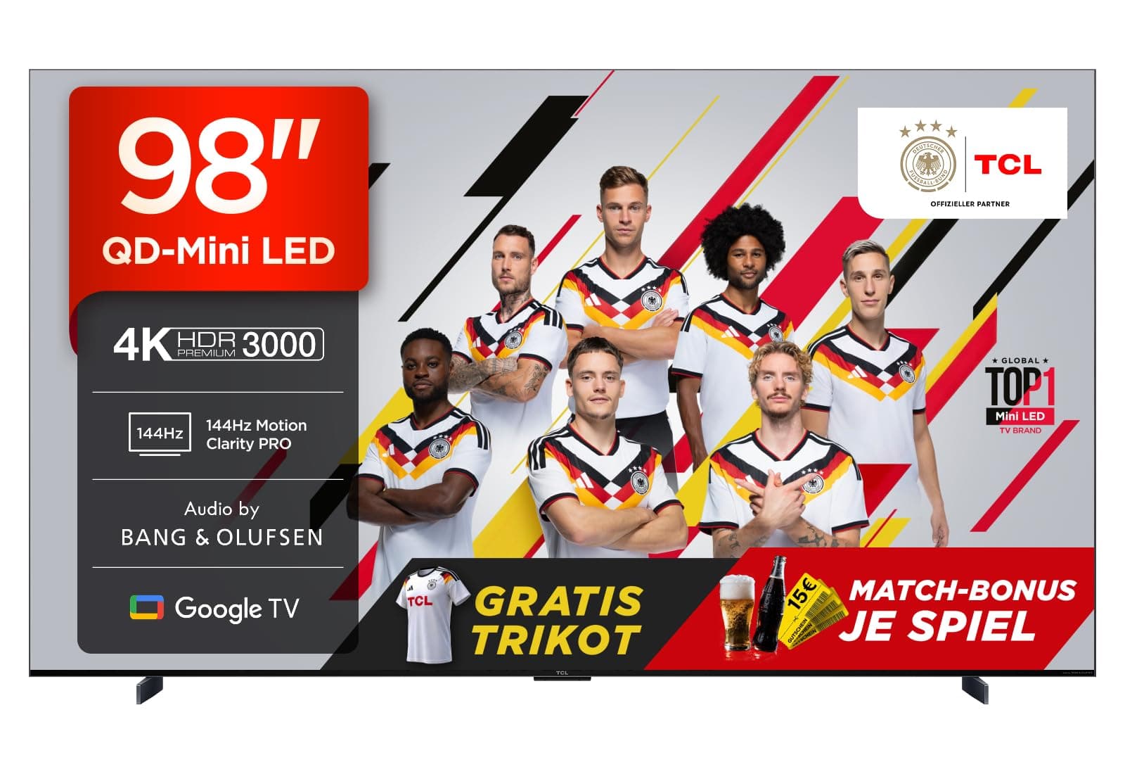 TCL 98Q7C 98 Zoll QD-Mini LED Fernseher, 4K HDR Premium 3000, Smart TV unterstützt durch Google TV (Dolby Vision IQ & Atmos, CrystGlow HVA Panel, Audio von Bang & Olufsen, 144Hz Motion Clarity Pro)