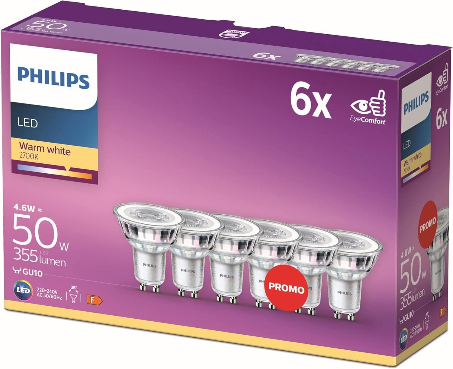 Philips LED classic, Ampoule équivalent 50 W, GU10, Lot de 6, Blanc Chaud (2700 Kelvin), 355 Lumens, Réflecteur