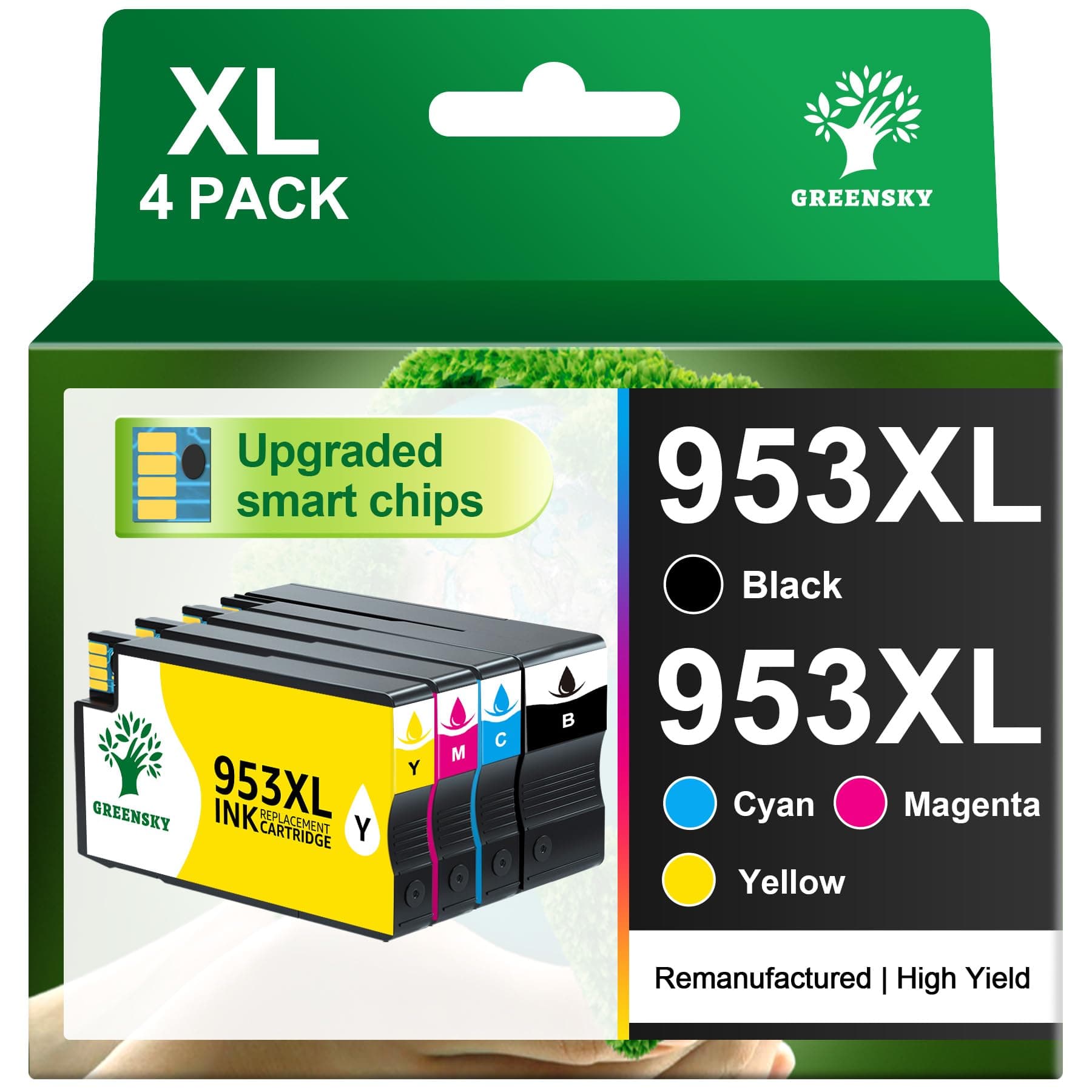GREENSKY 953XL 953 XL Remanufacturado para HP 953XL Pack del 4 Unidades | Compatible con HP OfficeJet Pro 7720 7740 8710 8715 8720 8210 7730 8730 de Alta Gama con Chip (Negro Cian Magenta Amarillo)