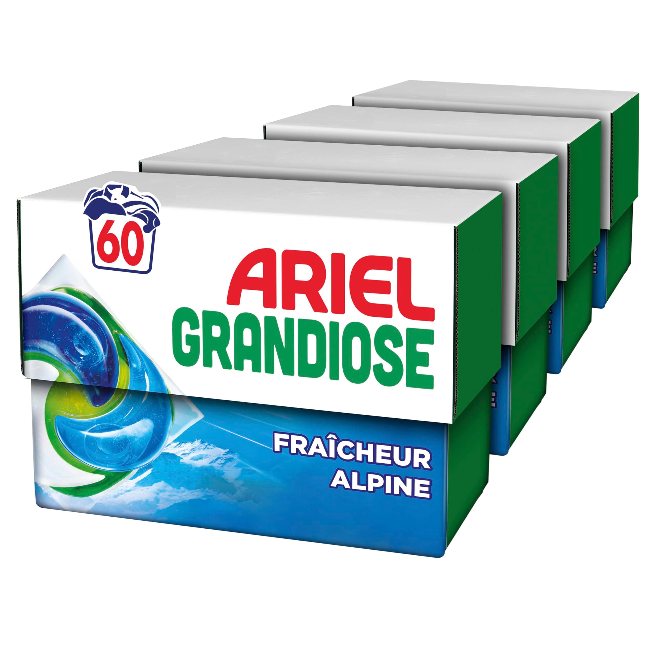 Ariel PODS Grandiose Fraîcheur Alpine, Lessive en Capsule, 60 Lavages (4x15), Idéal Pour Les Lessives Mixtes, Dissolution Rapide Même à Froid, Fabriqué en France