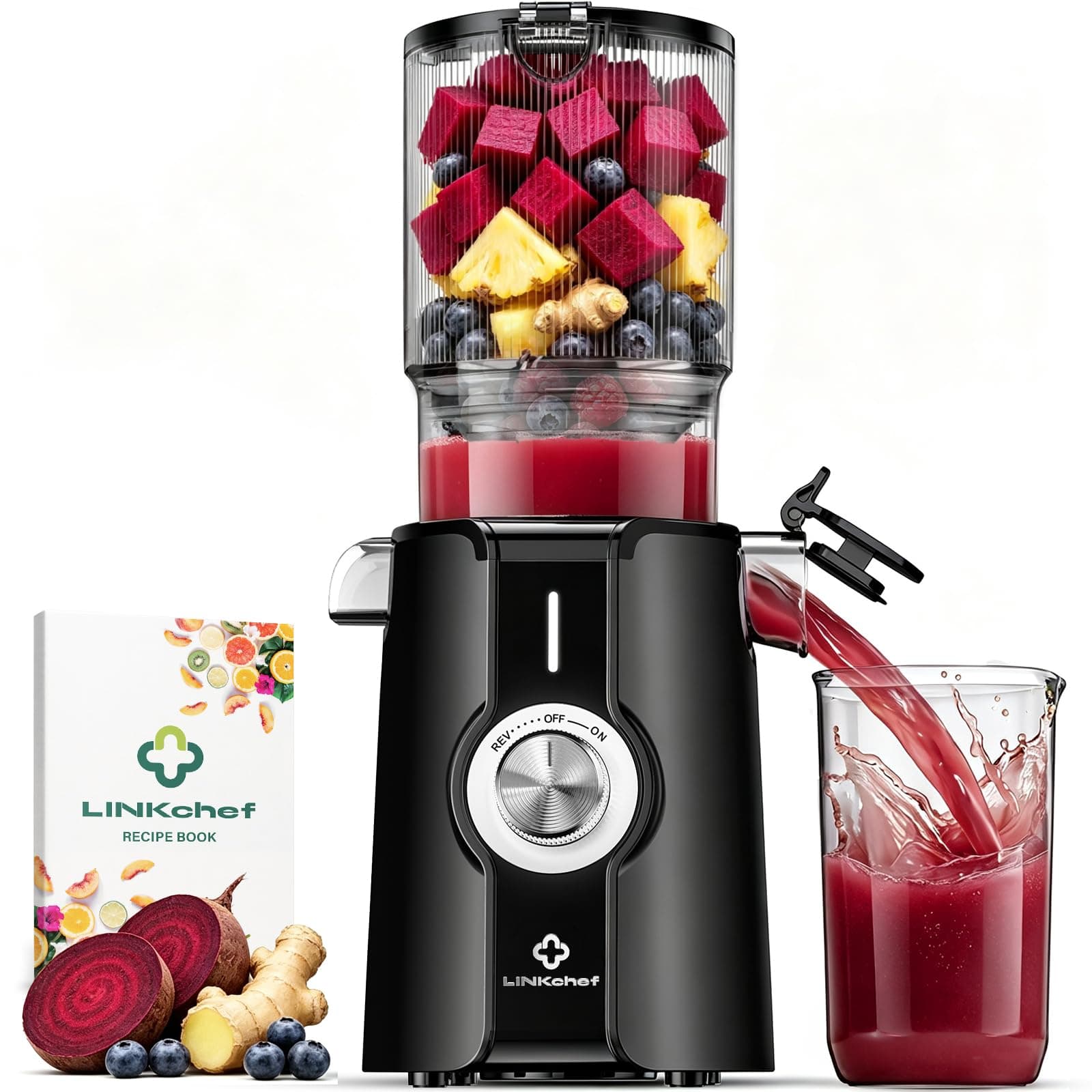 LINKChef Estrattore di succo per frutta e verdura, apertura 115 mm, 1,2 L, 200 W, slow juicer machine per frutta e verdura intere, senza BPA, facile da smontare e pulire, ricette incluse