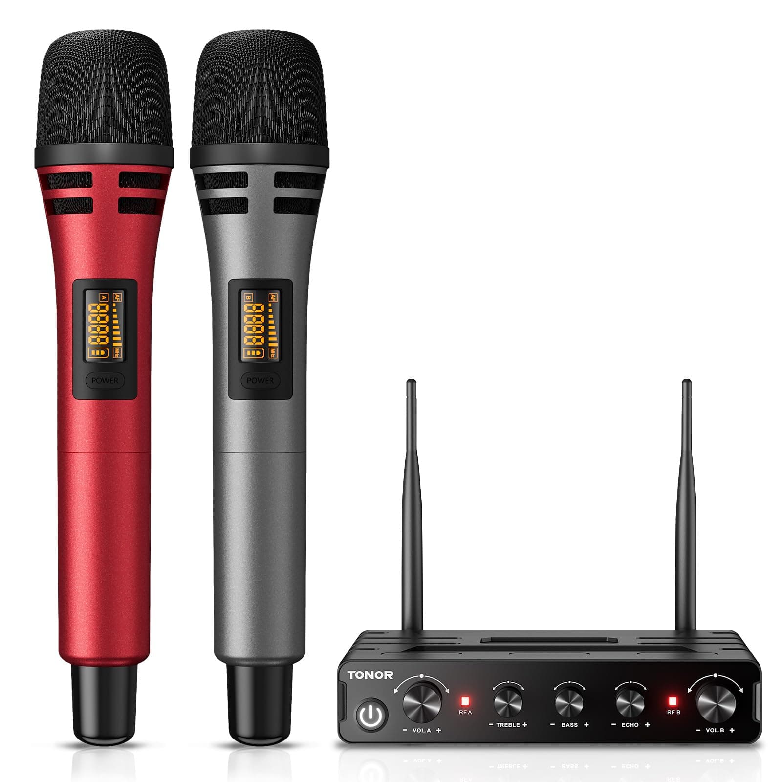 TONOR Micrófono Inalámbrico, Dual Mic UHF Sistema de Micrófono Dinámico de Mano con Receptor, Compatible con Amplificador, Sistema PA,para Karaoke Domestico/Boda/DJ/Fiesta/Iglesia,60M, Gris&Rojo,TW350