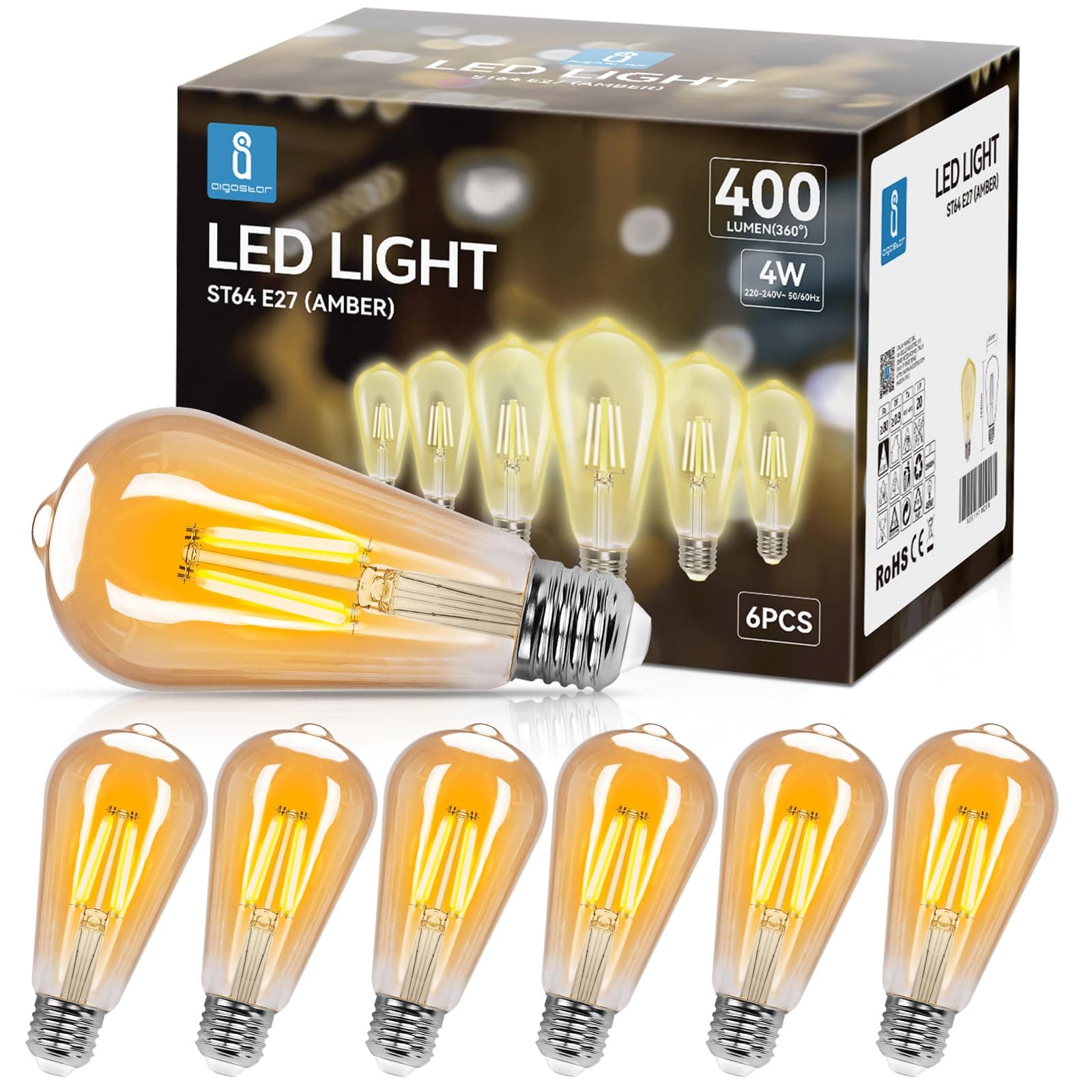 Aigostar ST64 Bombilla Edison Estilo Vintage. Led E27 4W (Equivalente A 35W), Filamento Led Blanco Cálido (2200K). Ángulo De Haz 360º. No Regulable. Pack 6 Uds