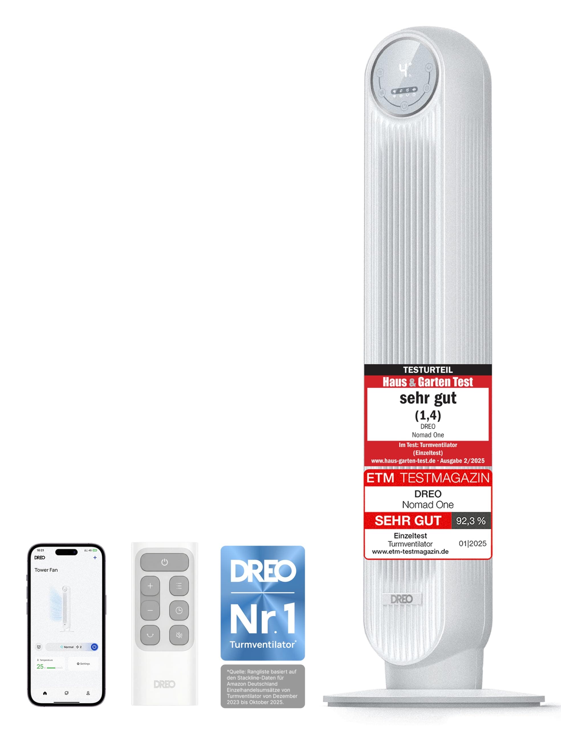 Dreo Smart 20dB Leiser Turmventilator, 10 m Wurfweite 4 Geschwindigstufen 4 Modi 8 Std. Timer 90° oszillierende Ventilator mit Kühlung WLAN & Fernbedienung für Schlafzimmer, Nomad OneS, Weiß