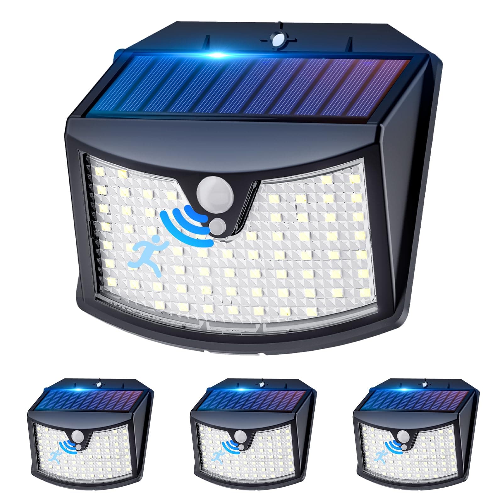 Giliwosy Luz Solar Exterior, 4 Paquete/3 Modos IP65 Impermeable Focos LED Exterior Solares con Sensor de Movimiento, Luces Solares LED Jardin para Garajes Caminos Puertas (Blanco Frío)