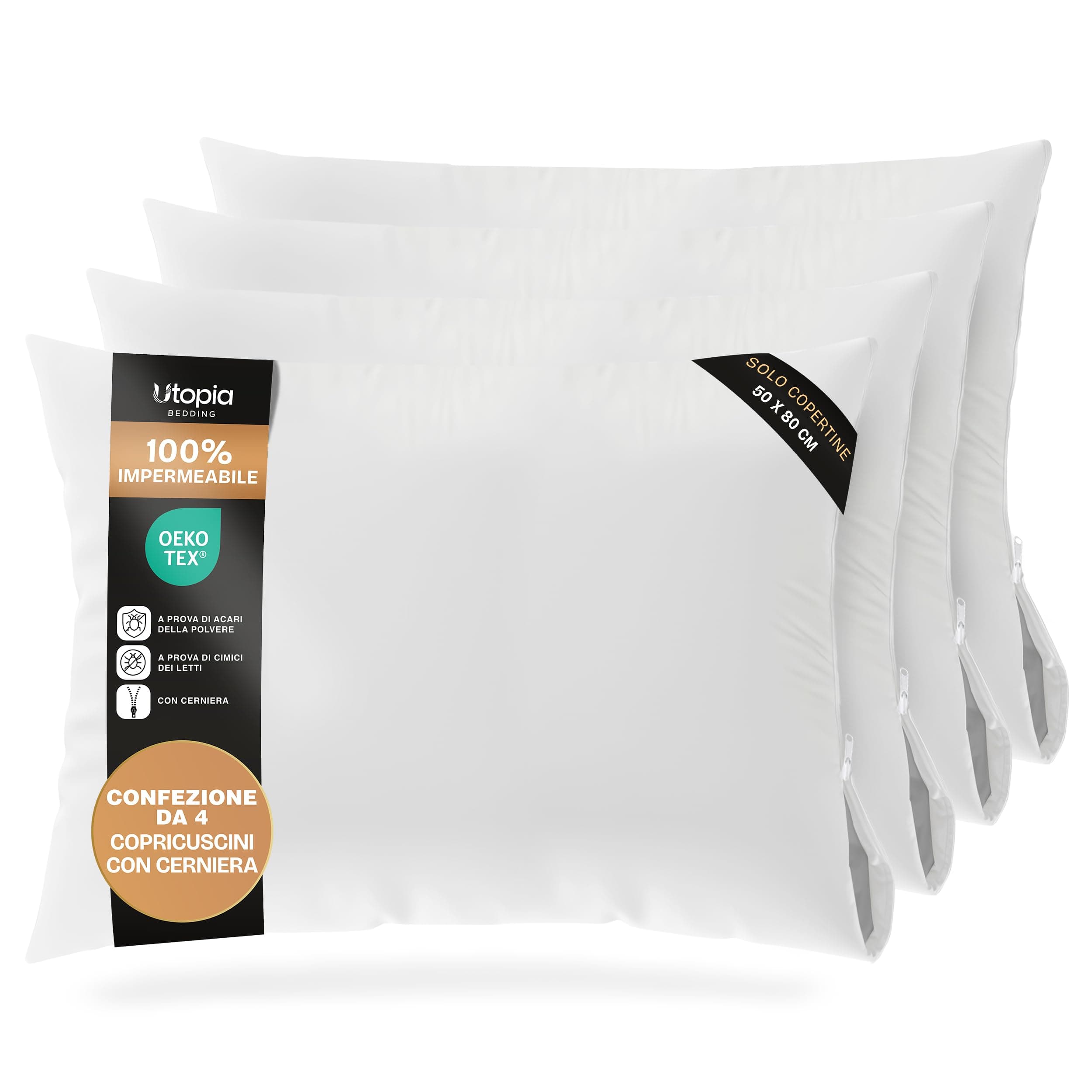 Utopia Bedding Copricuscini Letto Impermeabili 50 x 80 cm - Confezione Da 4 - Protezioni Federa Cuscino Con Cerniera - Copricuscini Anti-insetti Del Letto