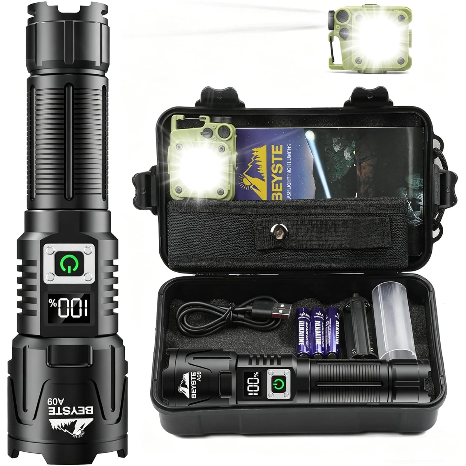 BEYSTE Torcia LED Potente Professionale, 1,000,000 Lumen Torcia LED Ricaricabile, Torce Potente Tattica, Torcia Professionale, Torch USB Zoomabile, Impermeabile XHQ99.2 Flashlight portatile