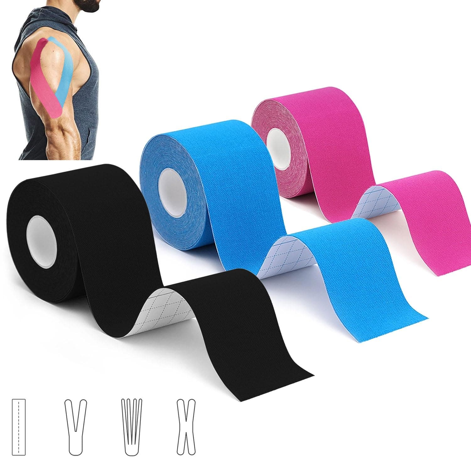 3 Rollos Cinta de Kinesiología Kinesiotape Set 5 m x 5 cm,Cinta deportiva elástica terapéutica para hombros, rodilla, codo, alivio del dolor, sin látex, resistente al agua, transpirable
