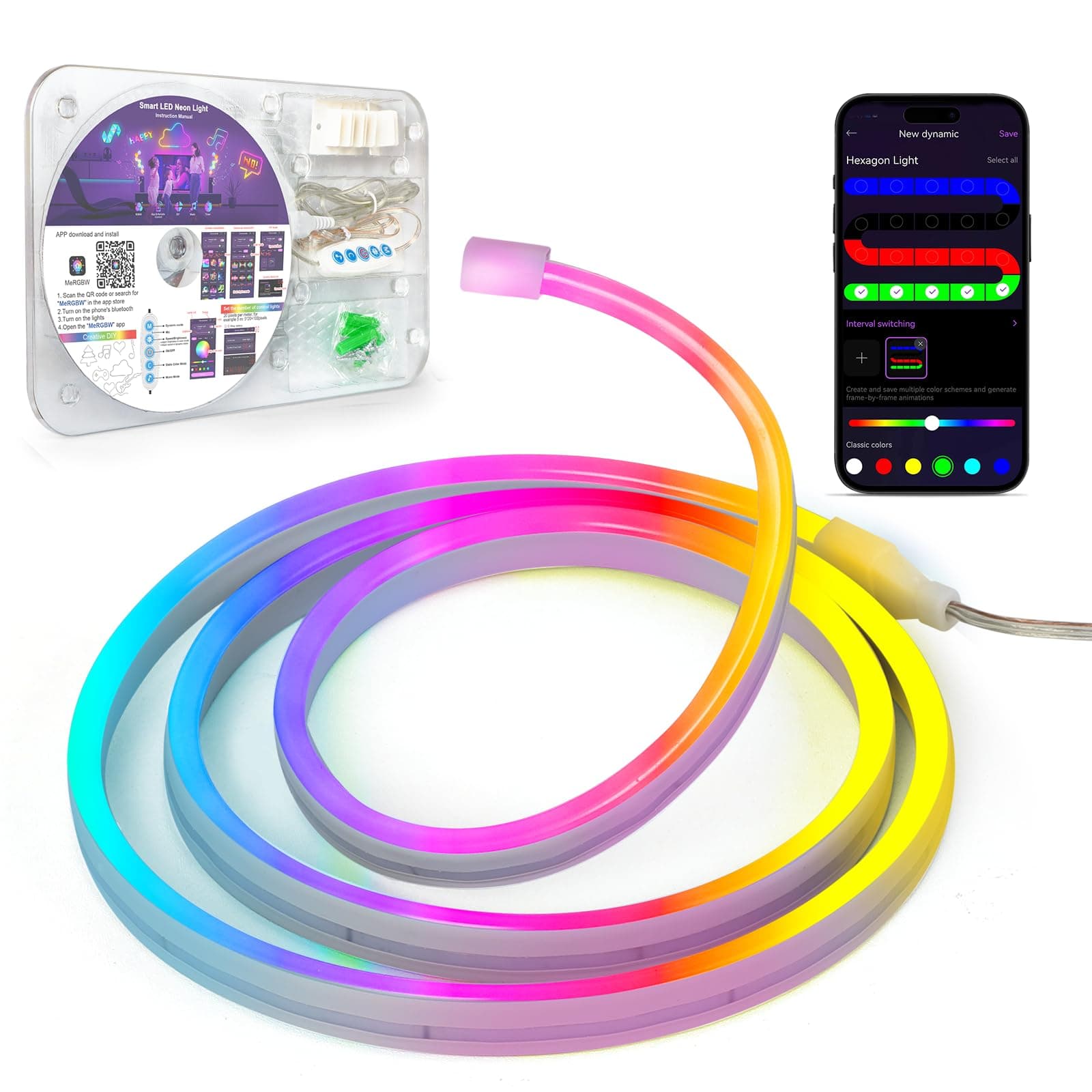 Kangtaixin Neon Ruban LED 1m, RGB Bande LED avec Contrôle APP Contrôle, Flexible Étanche Découpable Synchronisation Musicale Bandeau Lumineuse Led pour Intérieur Déco Maison