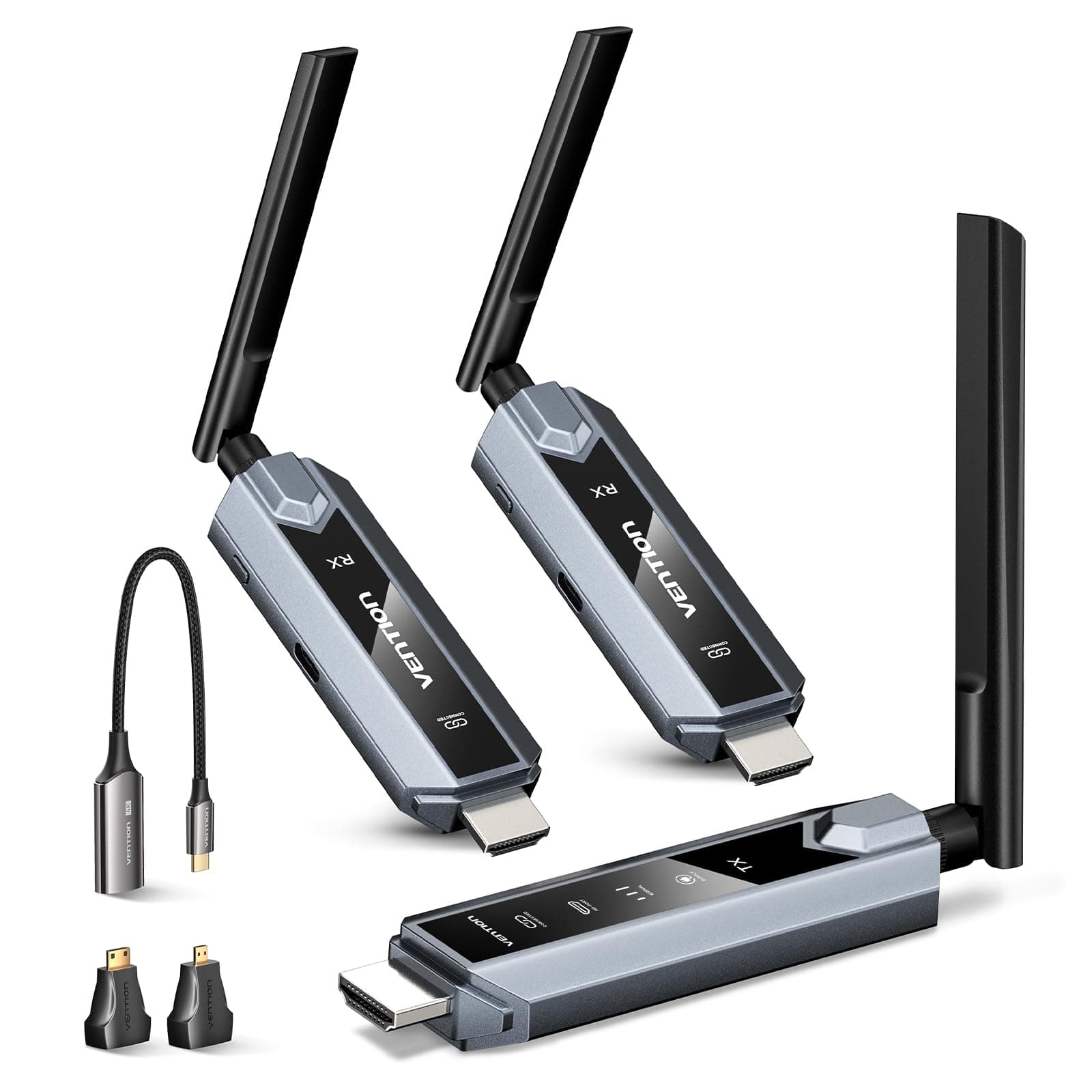VENTION Trasmettitore e Ricevitore HDMI Wireless 656FT/200M con Schermo LED, fino a 6 RXs, Controllo Termico, Kit Estensore Plug&Play. Decodifica 4K da PC/Proiettore/TV Box a Monitor (1TX+2RX)