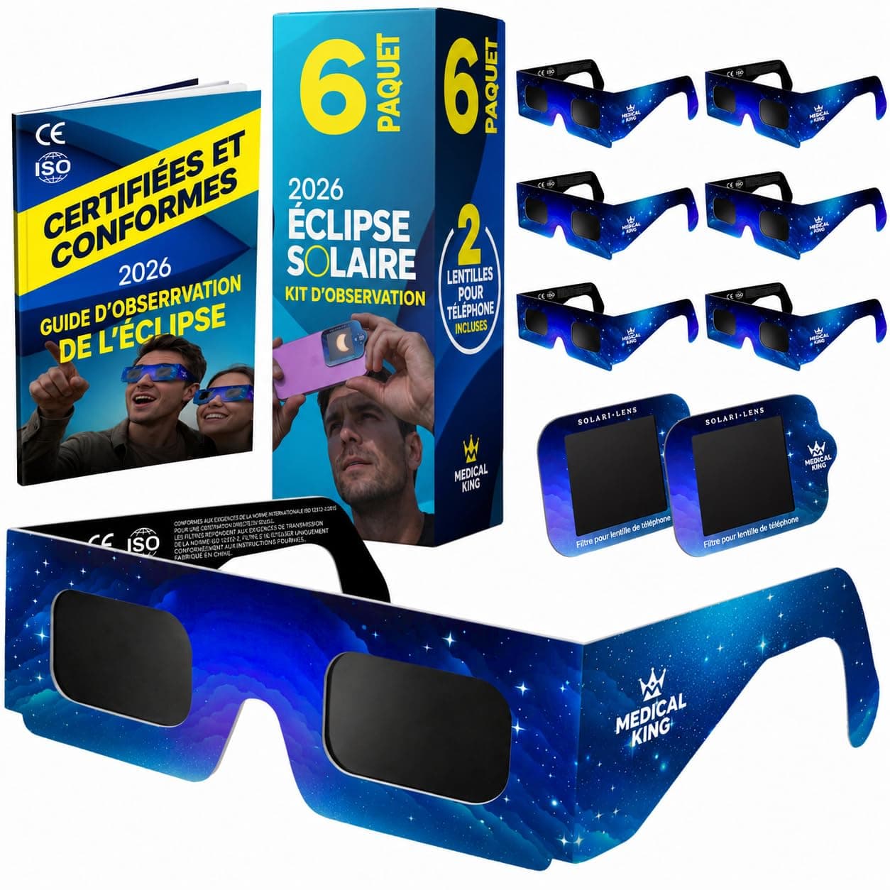 Lunettes Eclipse Solaire 2026 – Lot de 6/50/100 Paires Premium avec 2 Filtres Solaires pour Smartphone, Lunettes Eclipse Solaire ISO 12312-2,CE, Protection des Yeux pour l'Observation du Soleil