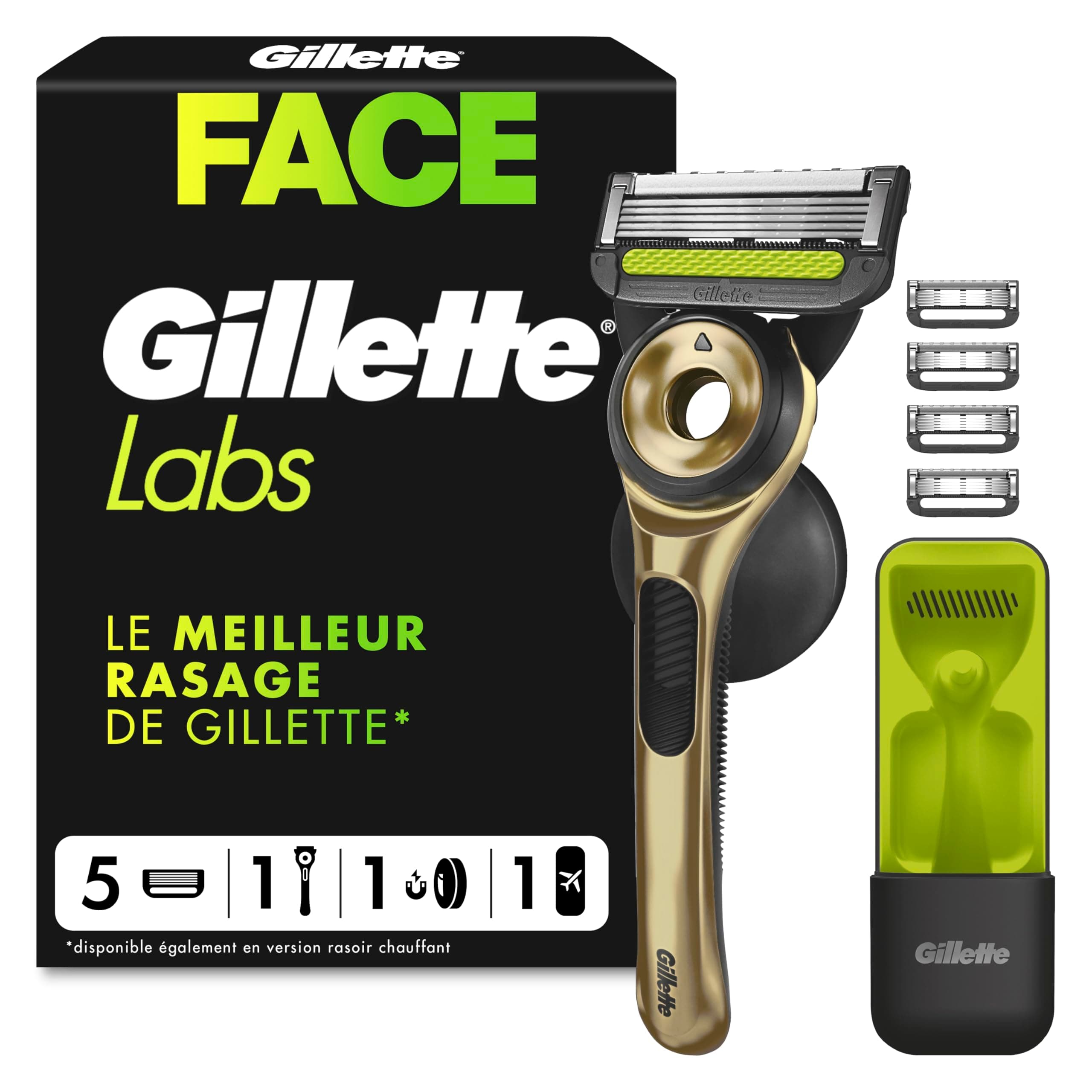 Gillette Labs Rasoir Home, Edition Limitée, avec 5 Recharges, Or – Manche Réutilisable en Métal, Cartouche de Rechange à Lames Affutées, Rasage Efficace avec la Technologie FlexDisc 2D
