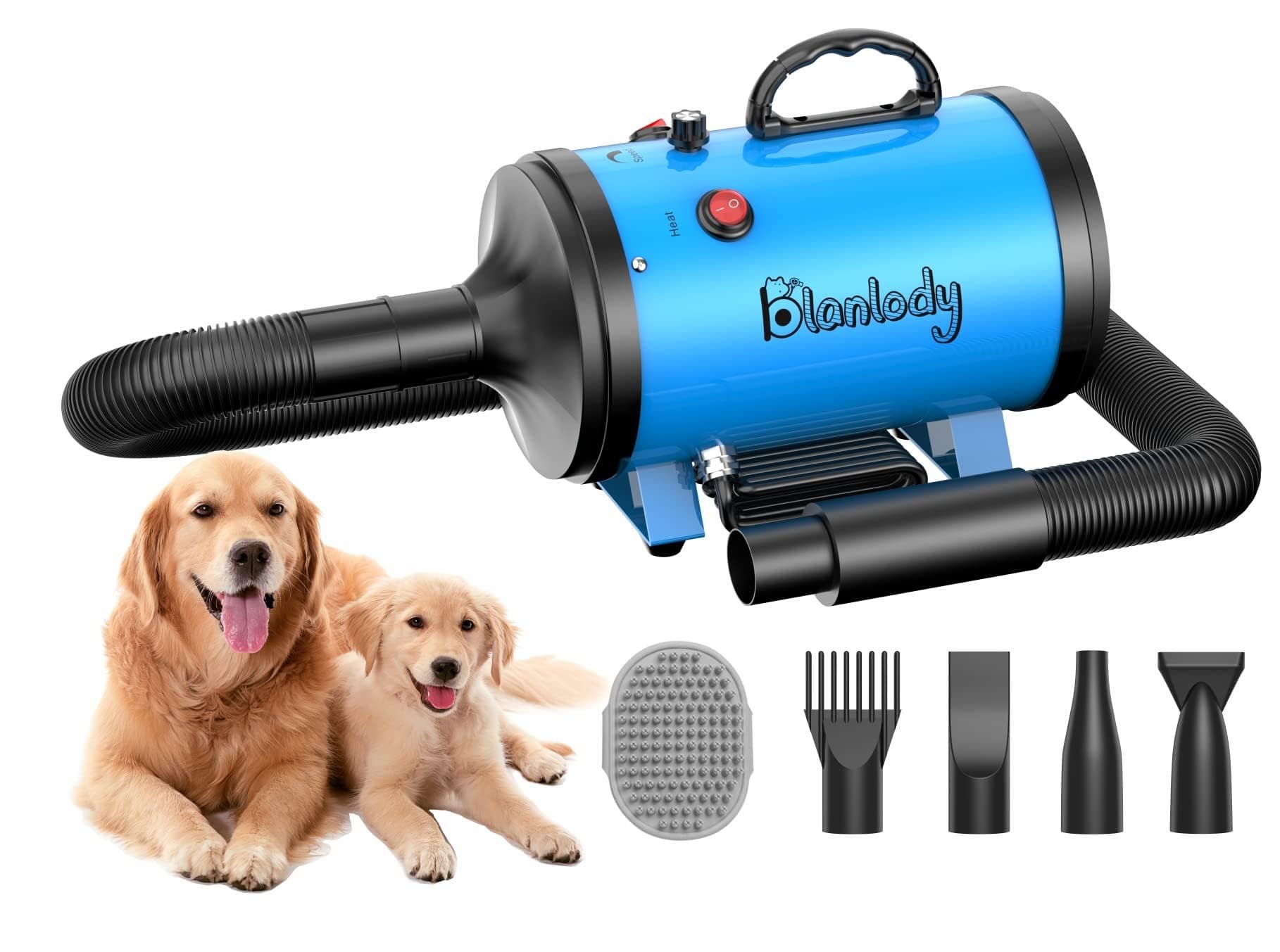 Blanlody Pulseur pour Chien Blower - Très Silencieux - 4,5 CV / 3200 W - Moteur réglable - Souffleur de Soins pour Chien avec 4 Buses différentes - Tuyau élastique et Brosse d'entretien