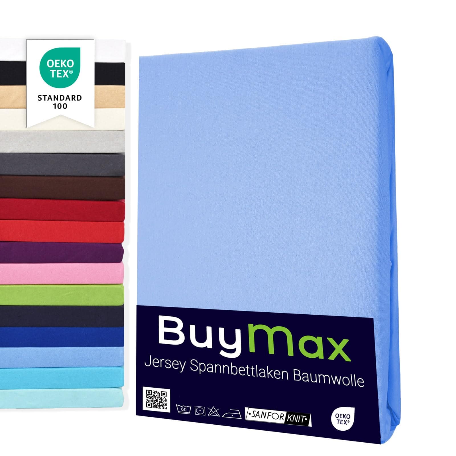 Buymax Topper Spannbettlaken 160x200 cm Spannbetttuch 100% Baumwolle Jersey für Matratzentopper bis 12 cm Matratzenhöhe Bettlaken für Boxspringbett Topper, Hellblau
