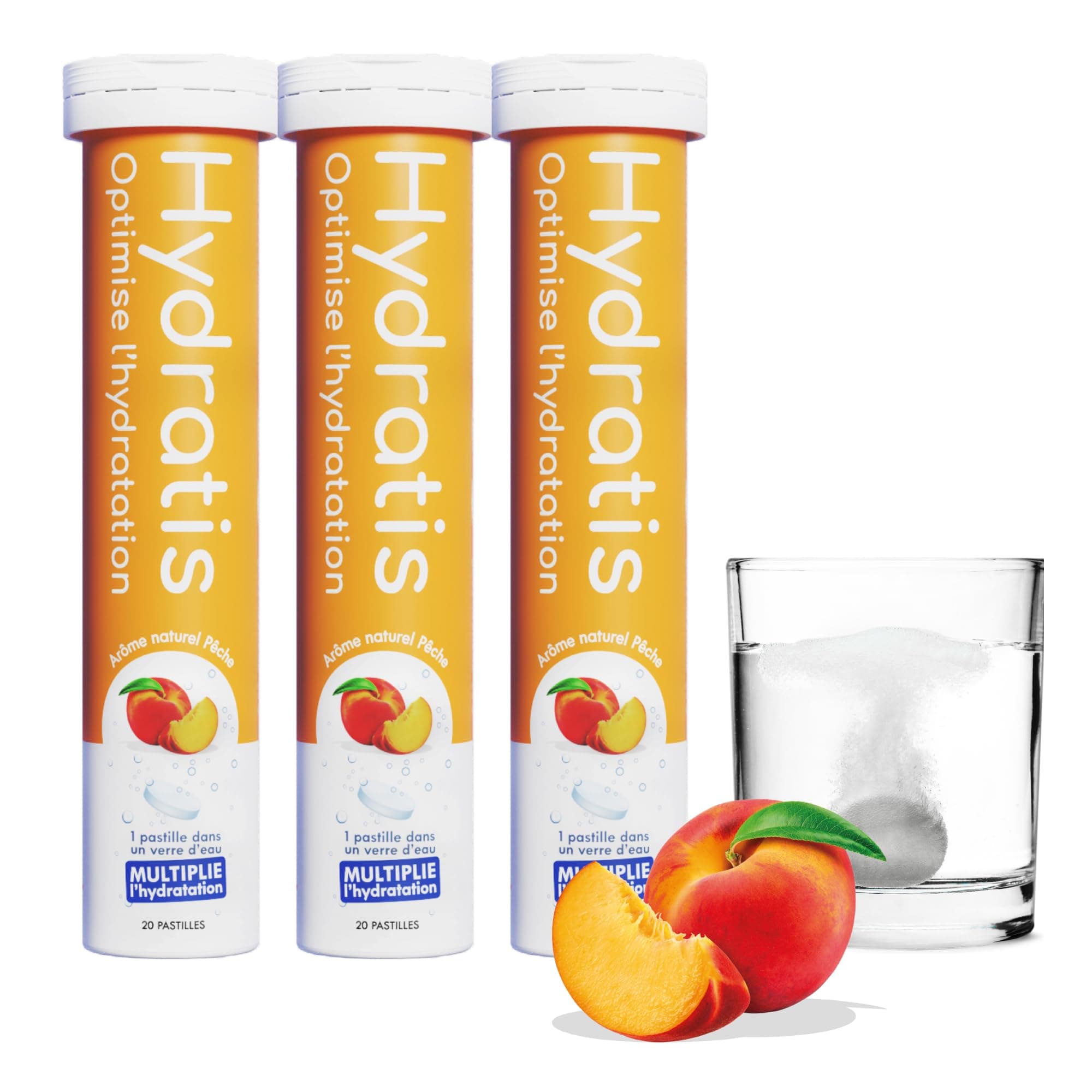 HYDRATIS - Pastilles Effervescentes Pêche - Optimise l'Hydratation - Riche en Minéraux - Faible en Sucre - Goûts Légers - Sport, Crampes, Récupération - 60 Pastilles