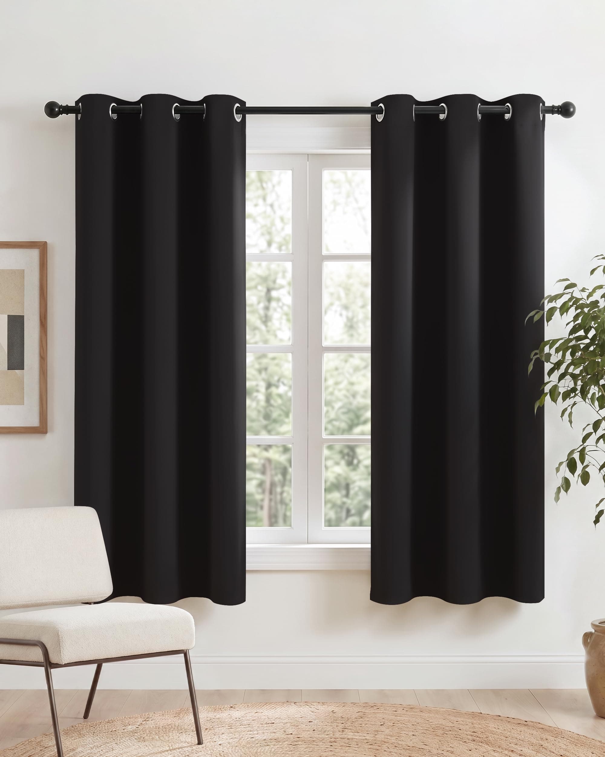 PONY DANCE Black Out Curtains for Bedroom Thermovorhang Kälteschutz Ösen | 2er Set H158 x B106cm, Schwarz, Gardinen Blickdicht, Kurz, Sichtschutz, für Schlafzimmer Kinderzimmer Besseren Schlaf