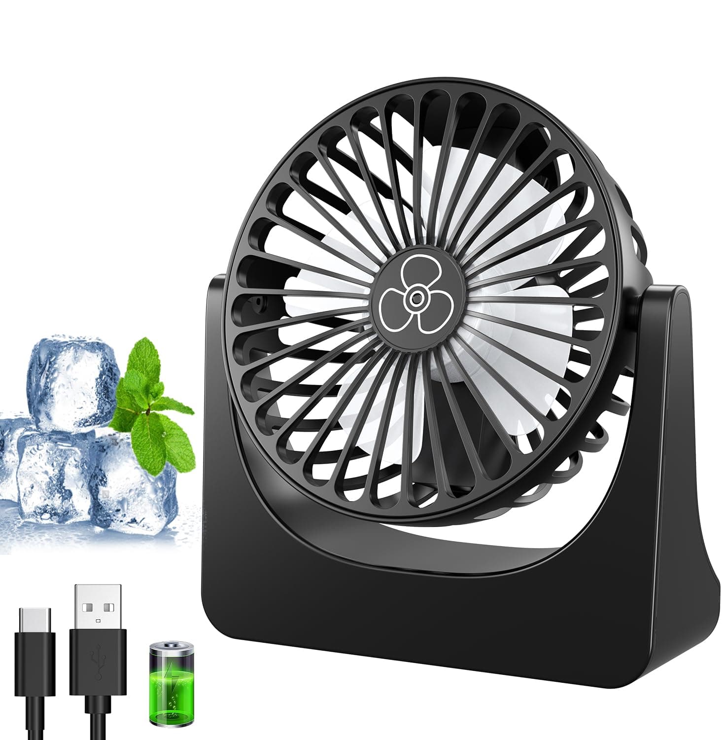 Ventilateur de Bureau USB, Petit Ventilateur Portable, Mini Ventilateur avec 3 Vitesses, Rotation 360°, Ventilateur Rechargeable USB, Mini Ventilateur Silencieux - Pour Maison, Chambre, Bureau