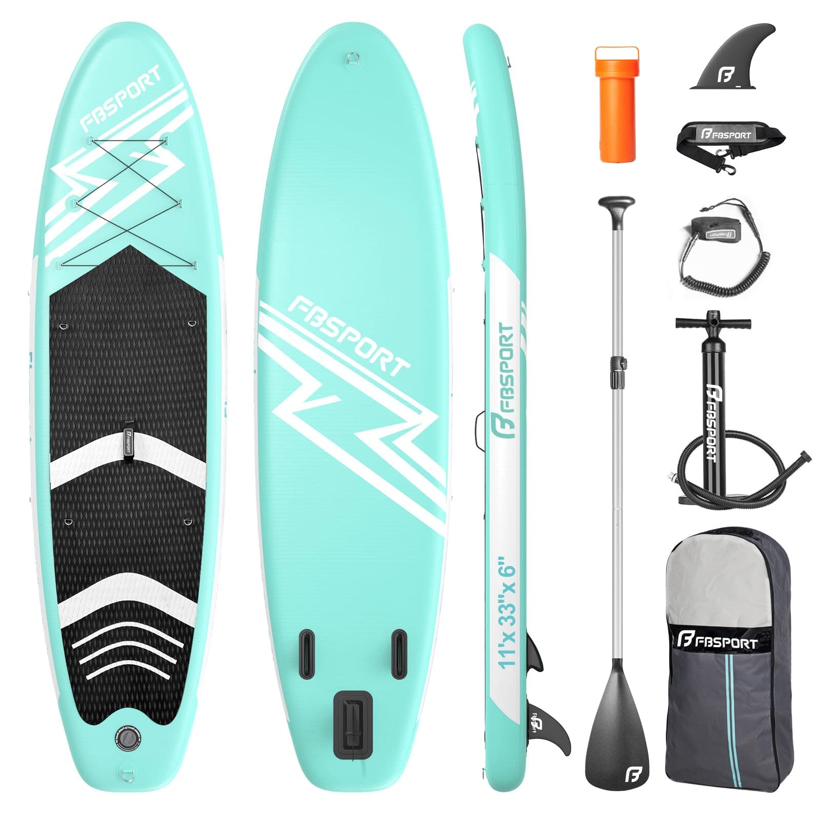 FBSPORT Aufblasbares SUP Board, Stand Up Paddling Board, Aufblasbare Stand Up Paddle Board für Stand-Up Paddling 15CM Dick, Surfbrett Kit mit Verstellbares Aluminium SUP Paddel+Pumpe