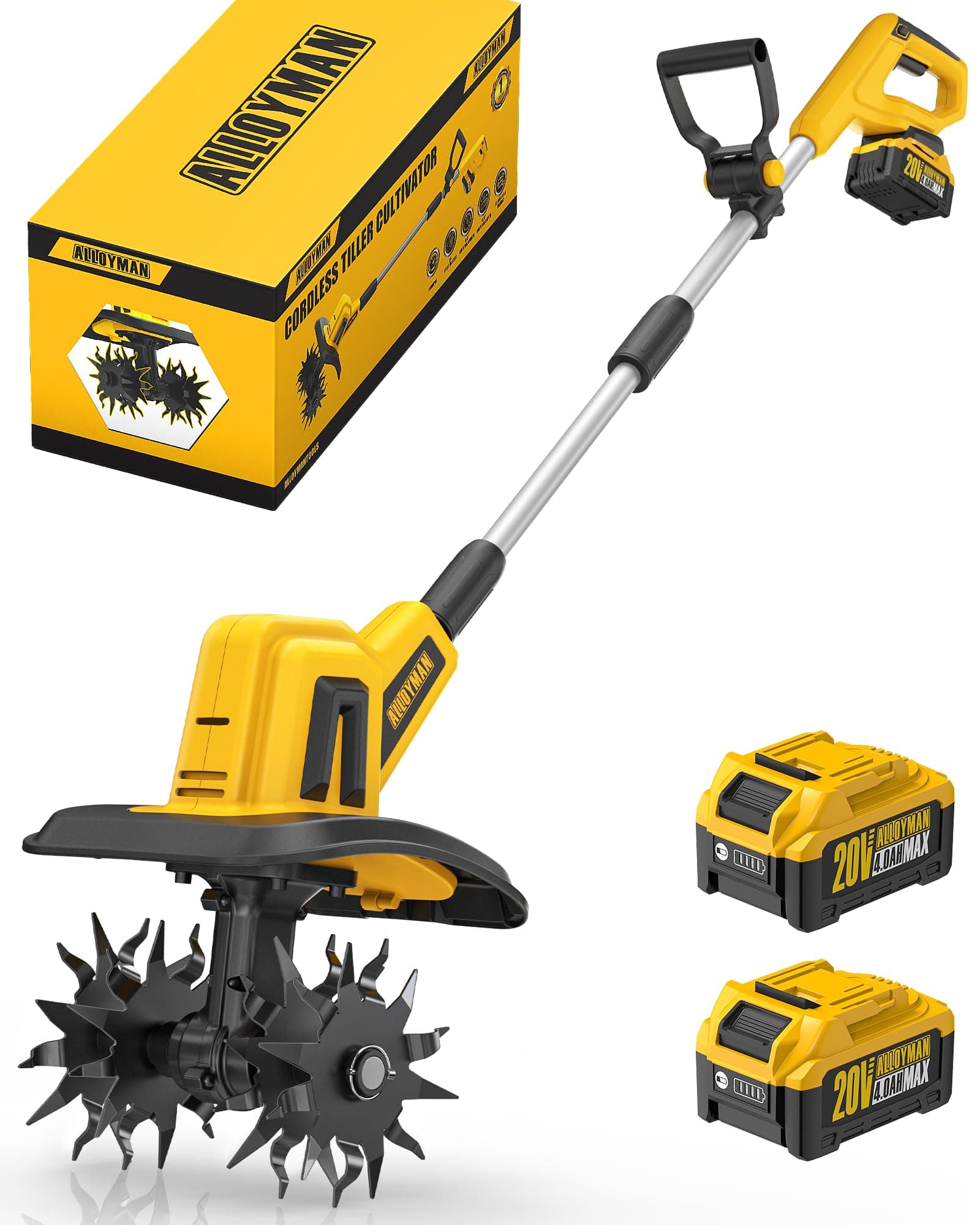 Alloyman Motozappa elettrica da 20V, fresa da giardino, batteria da 360 giri/min, con 2 batterie da 4,0 Ah e caricabatterie, larghezza di lavoro 23 cm, profondità 17 cm, Motozappa per terreni