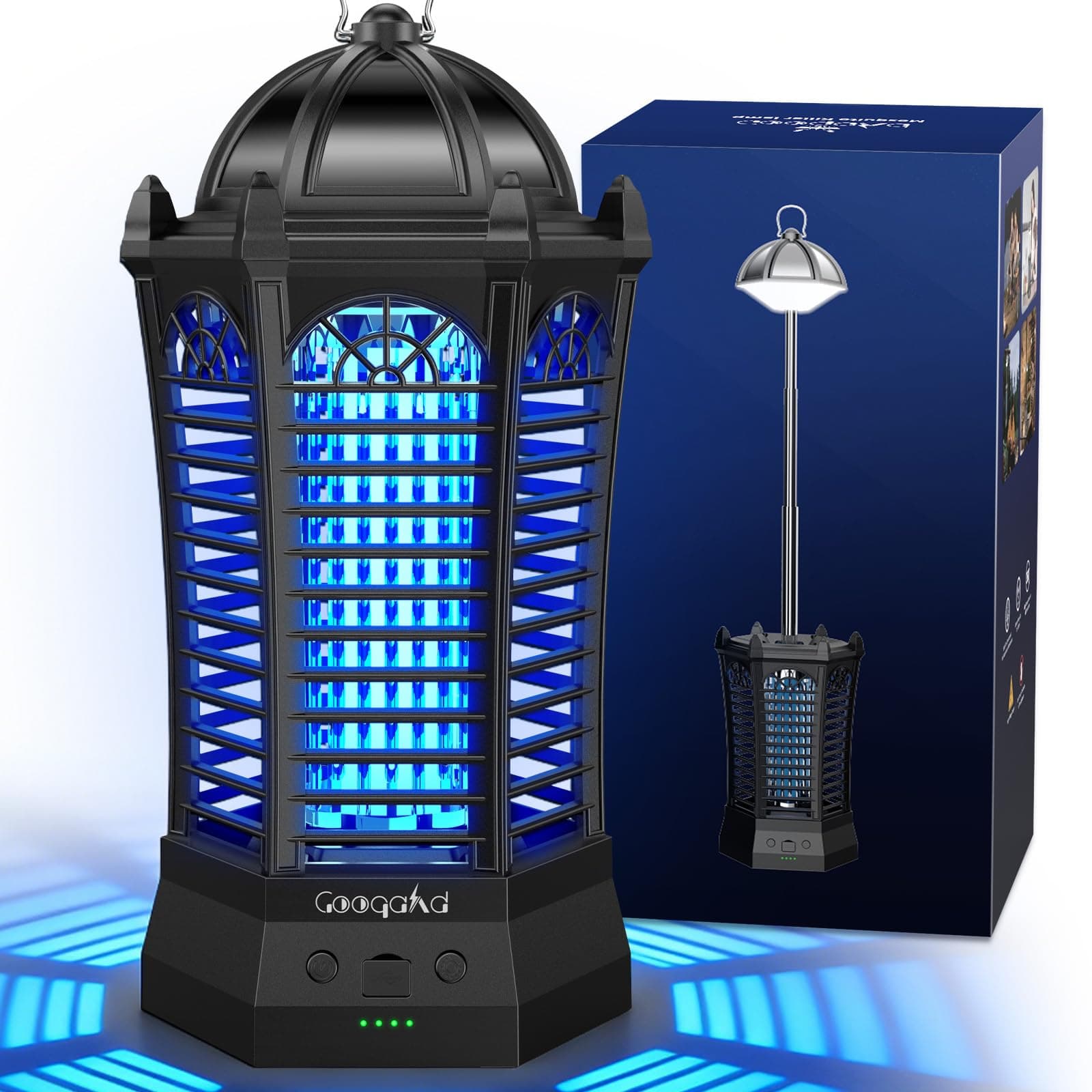 Lampe Anti Moustique GooQand 4000mAh, UV Tue Mouche Electrique Portable Rechargeable avec Perche Télescopique Grille de Sécurité, 3 Modes d'Éclairage pour l'extérieur, Camping, Jardin, Patio, Pêche