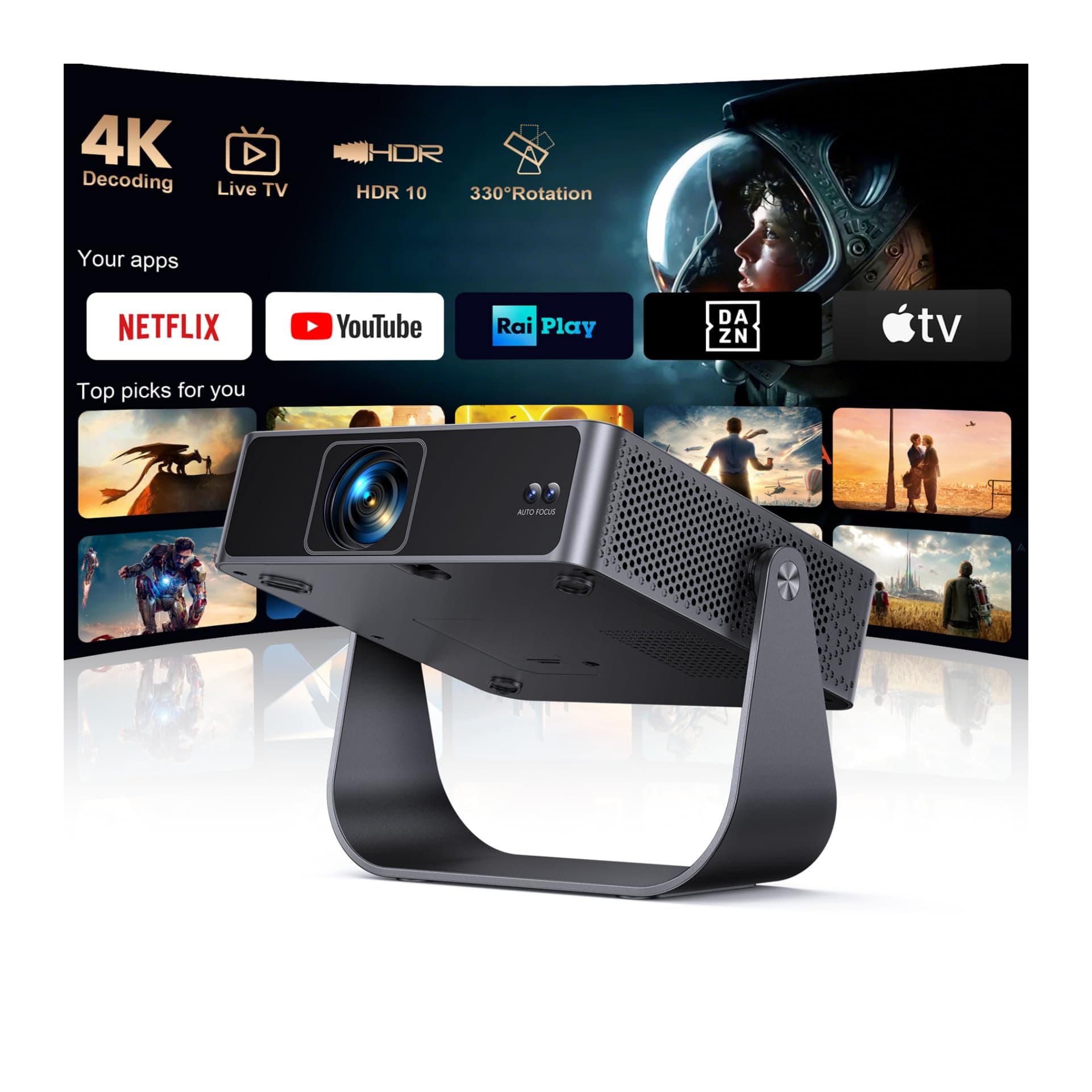 Proiettore Portatile【Smart TV & 1000+ Canali Live】Mini Proiettore 4K Smart TV Compatibile con Netflix, Rotazione 330°, Auto Focus WiFi Bluetooth, 1080P Nativo, Videoproiettore soffitto casa/campeggio
