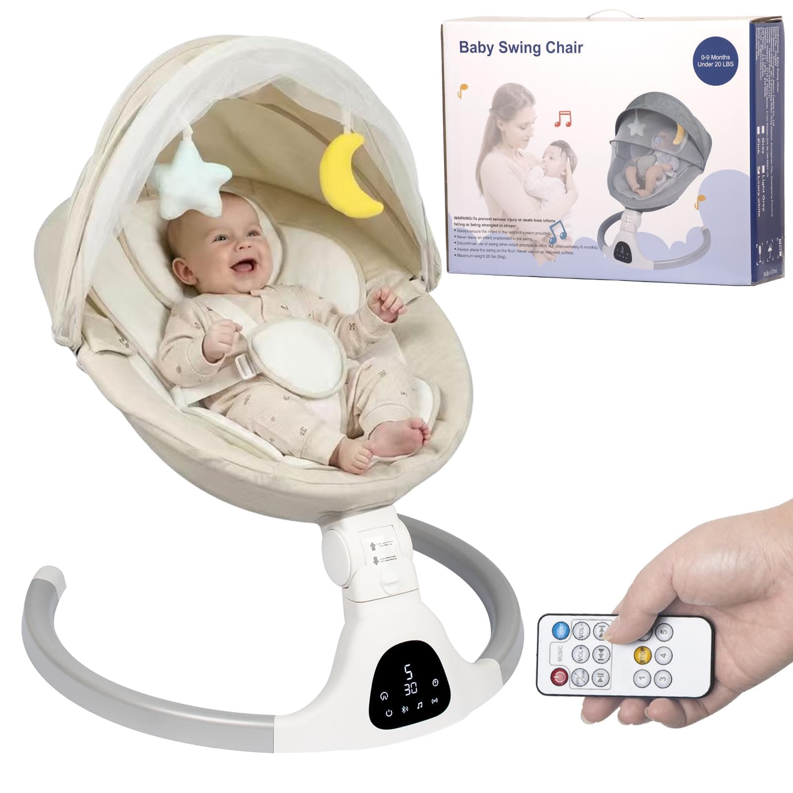 JFOVMCYG Columpio eléctrico para recién nacido con control remoto, 5 velocidades de balanceo, temporizador 8/15/30 min, arnés de 5 puntos, asiento lavable, estructura estable – Blanco Marfil | 5 velocidades de oscilación, 3 posiciones de asiento, temporizador de 8/15/30 minutos, arnés de 5 puntos, asiento lavable