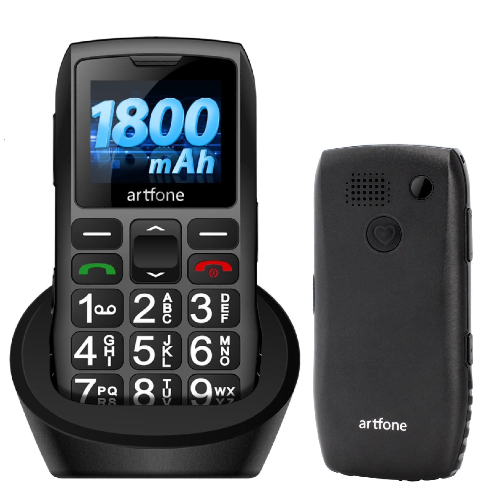 artfone C1+ Noir - GSM Téléphone Senior Portable Débloqué avec Grandes Touches丨Bouton SOS丨un Volume élevé丨Double SIM丨Lampe Torche et Station de Charge丨Radio FM丨Batterie 1800 mAh丨Bluetooth丨écran 1,8''