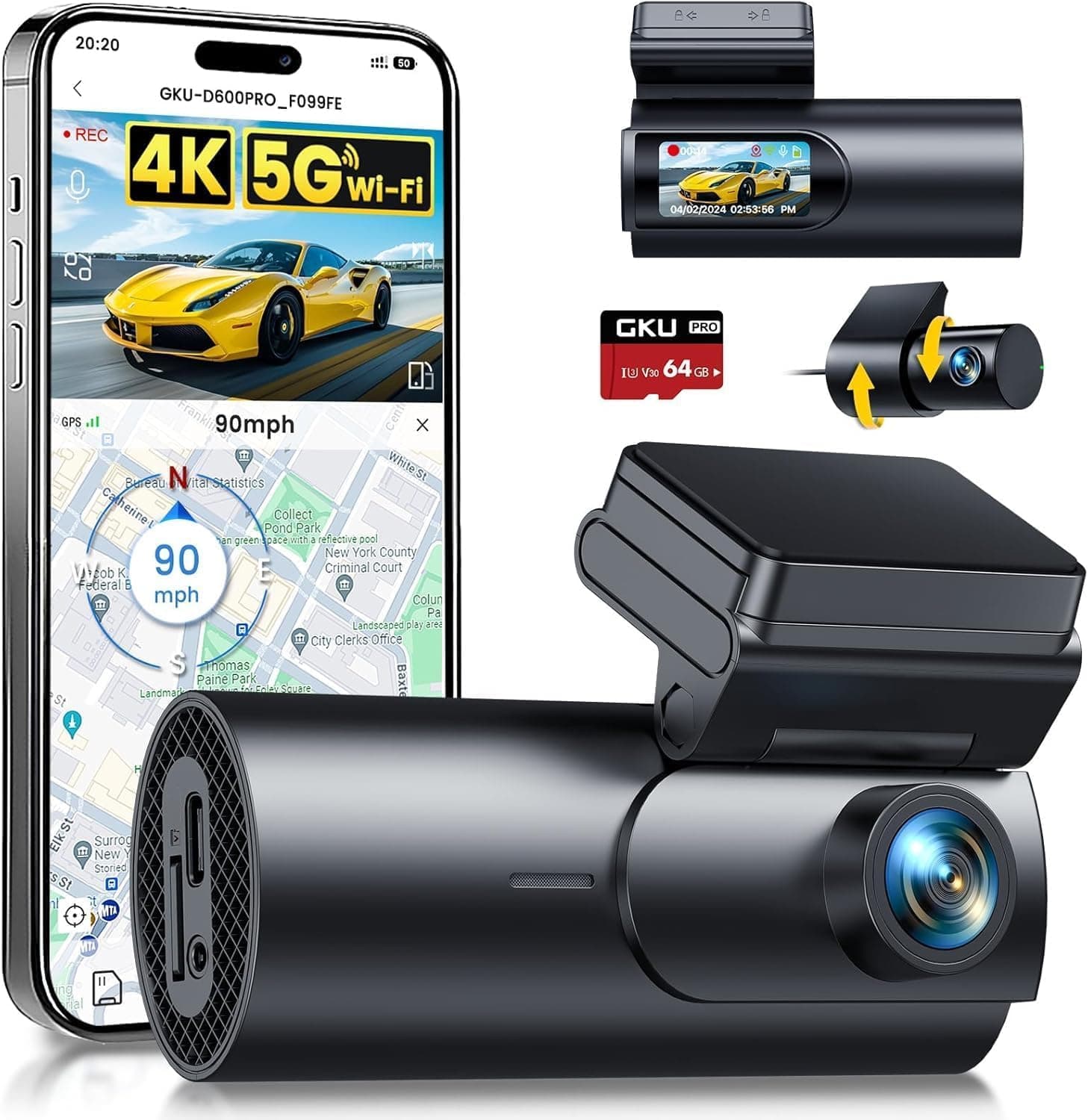GKU 4K Dash Cam Auto, 5GHz WiFi e GPS, Doppia Telecamera Auto, Mini Dashcam | IPS 1.5" con Scheda SD 64G, 24H Monitor di Parcheggio, Visione Notturna, WDR,Grandangolo 170°,Sensore G,Controllo App