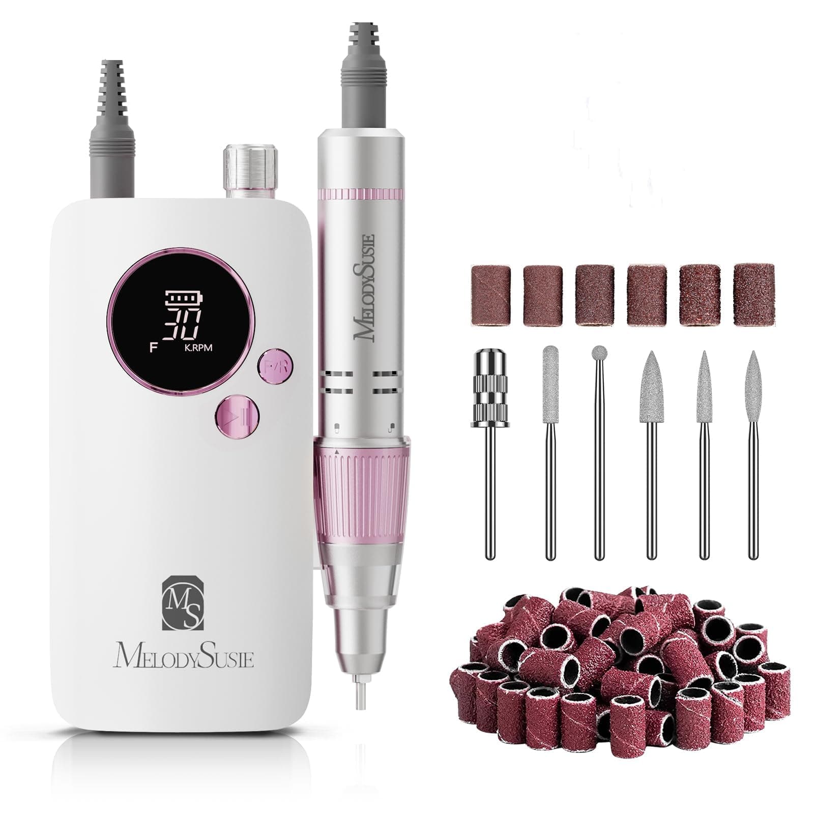 MelodySusie Clip-On SC320F Ponceuse pour Ongles sans fil pour Débutants | 30000 tr/min, Rechargeable, LCD écran, Vitesse Réglable, pour le Façonnage, le Retrait du Gel, pour le Salon & Maison
