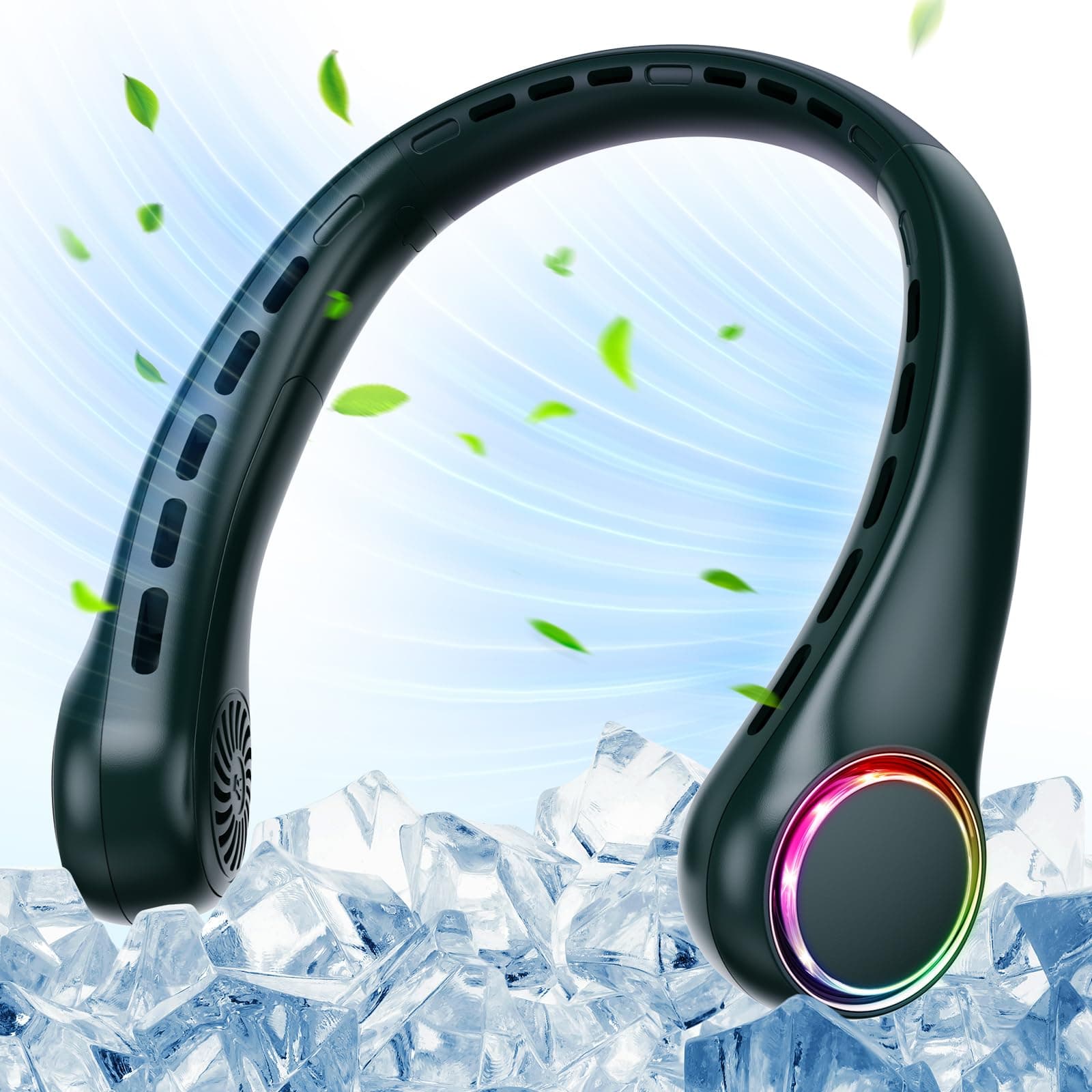 Ventilateur de cou, ventilateur USB mini avec batterie 4000mAh, ventilateur de nuque, silencieux, 3 vitesses, lumière LED, ventilateur portable pour extérieur, intérieur, camping, voyage, sport - Vert