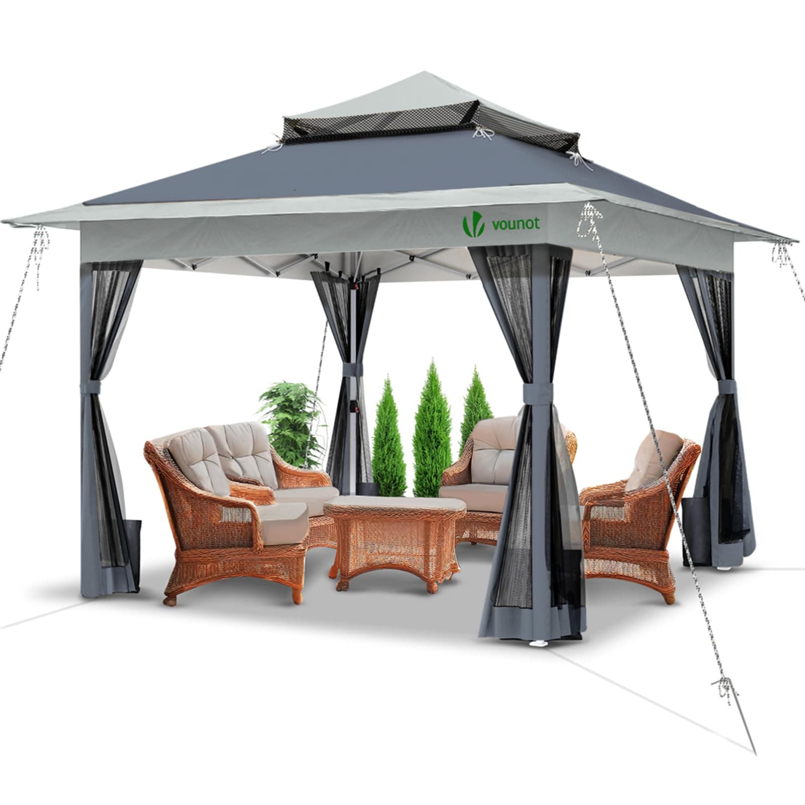 VOUNOT® Tonnelle de Jardin Extérieur 3.6x3.6m avec Moustiquaire Barnum Anti-UV Respirable Tente de Réception Cadre en Acier Toits Doubles Belvédère Jardin Terrasse Gris