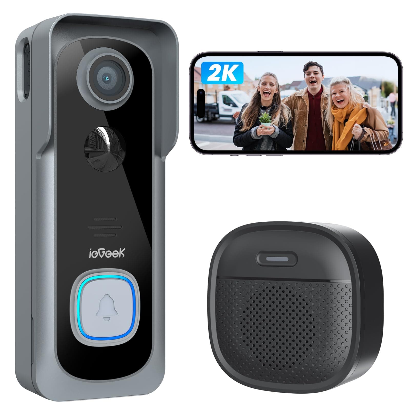 ieGeek 2K Sonnette sans Fil Exterieur Etanche, Sonnette Vidéo avec Caméra Compatible Alexa, Install Facile, Détection IA, IP66 Étanche,Vision Nocturne, Stockage Cloud, WiFi 2,4 GHz Uniquement (Gris)