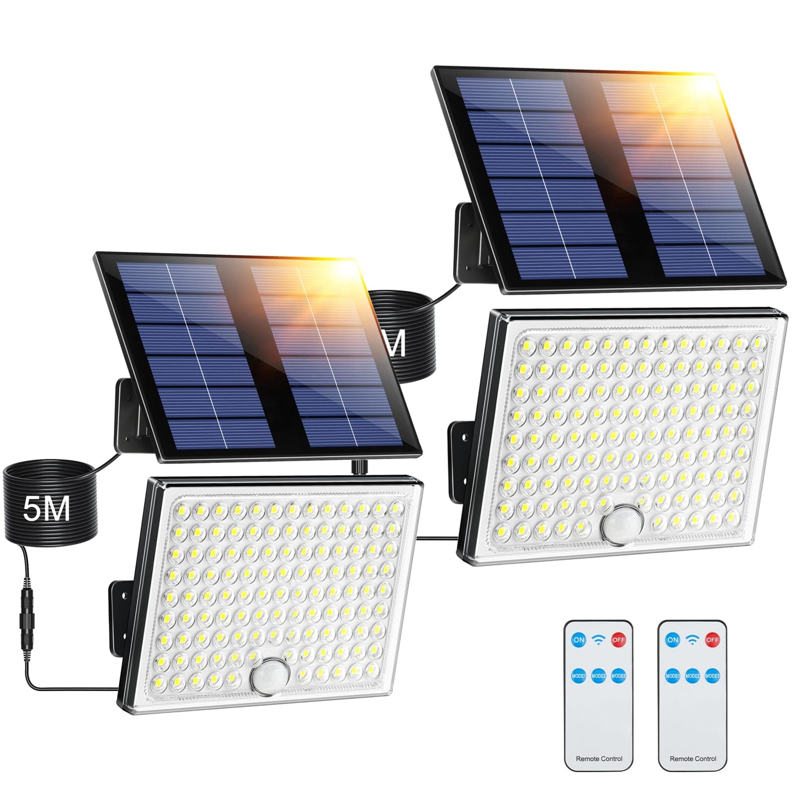 Giliwosy Faretto Led da Esterno Solare con Sensore di Movimento, Luce Solare Led Esterno con Telecomando 113 LED 2000mAh 4 Modes IP65 Impermeabile, Luci Solari da Giardino con 5M Cavo, 2 Pezzi